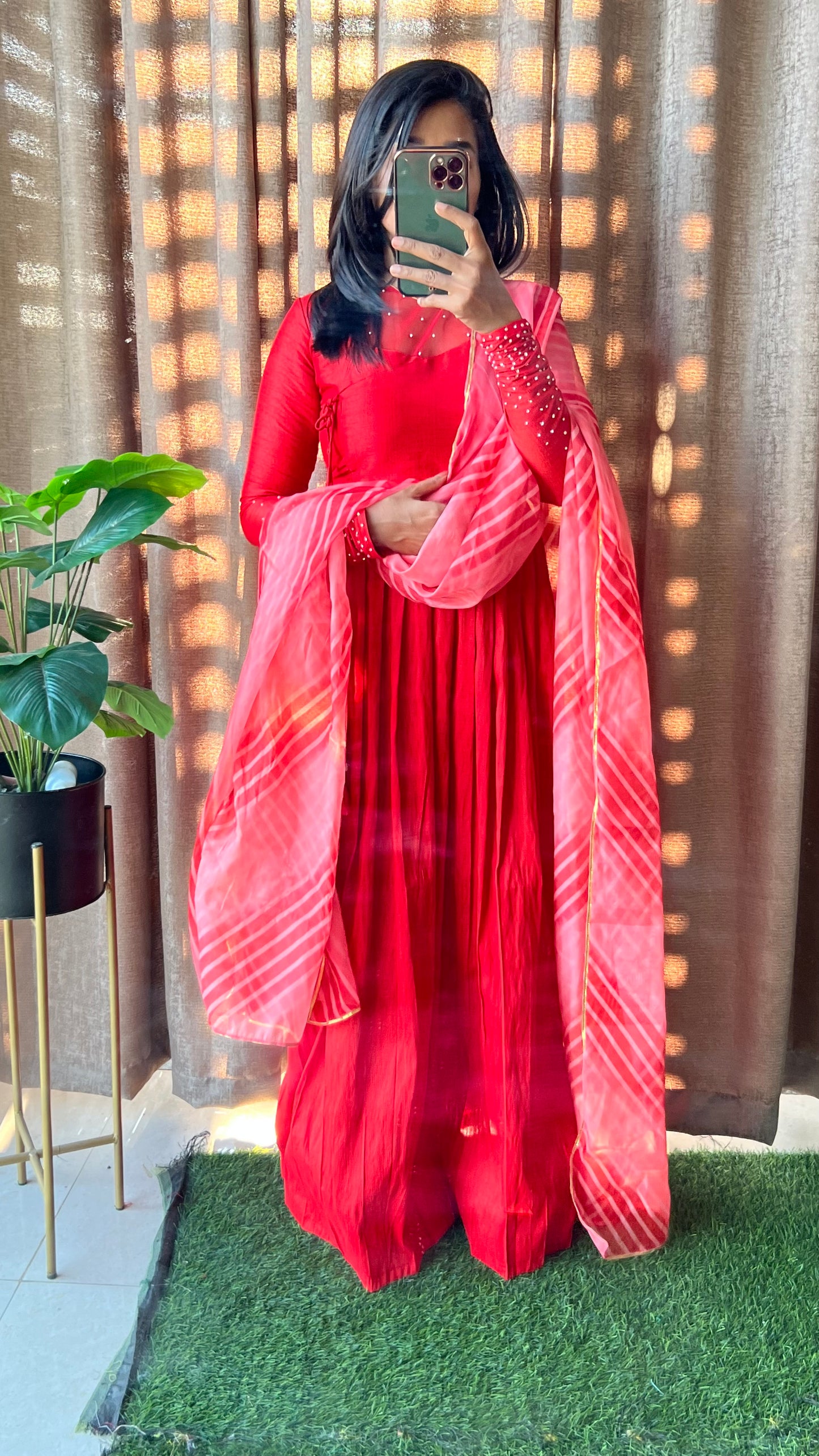 Red silk maxi dress salwar suit of hand worked top and Duppata