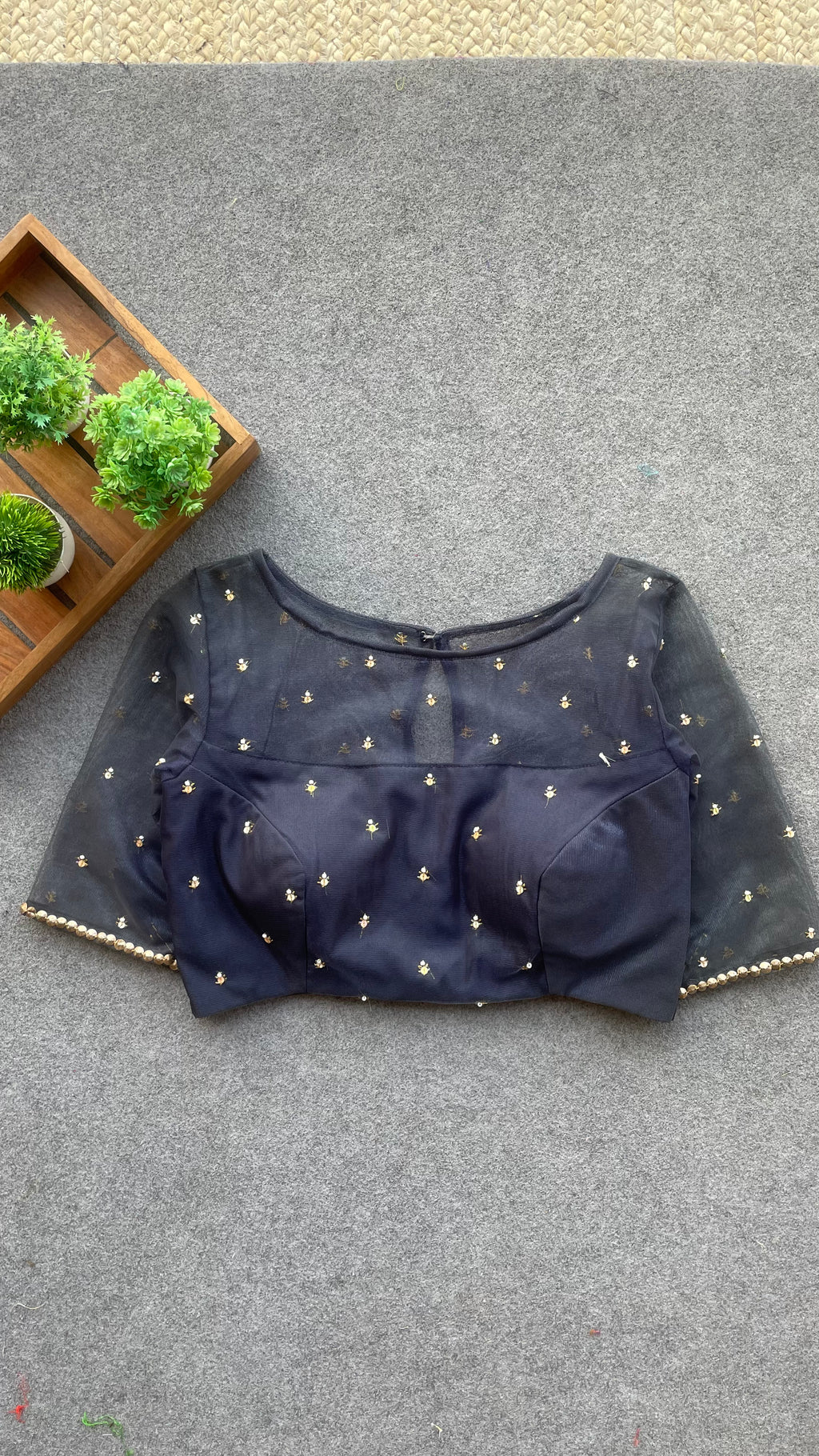 Deep blue netted & embroidery blouse