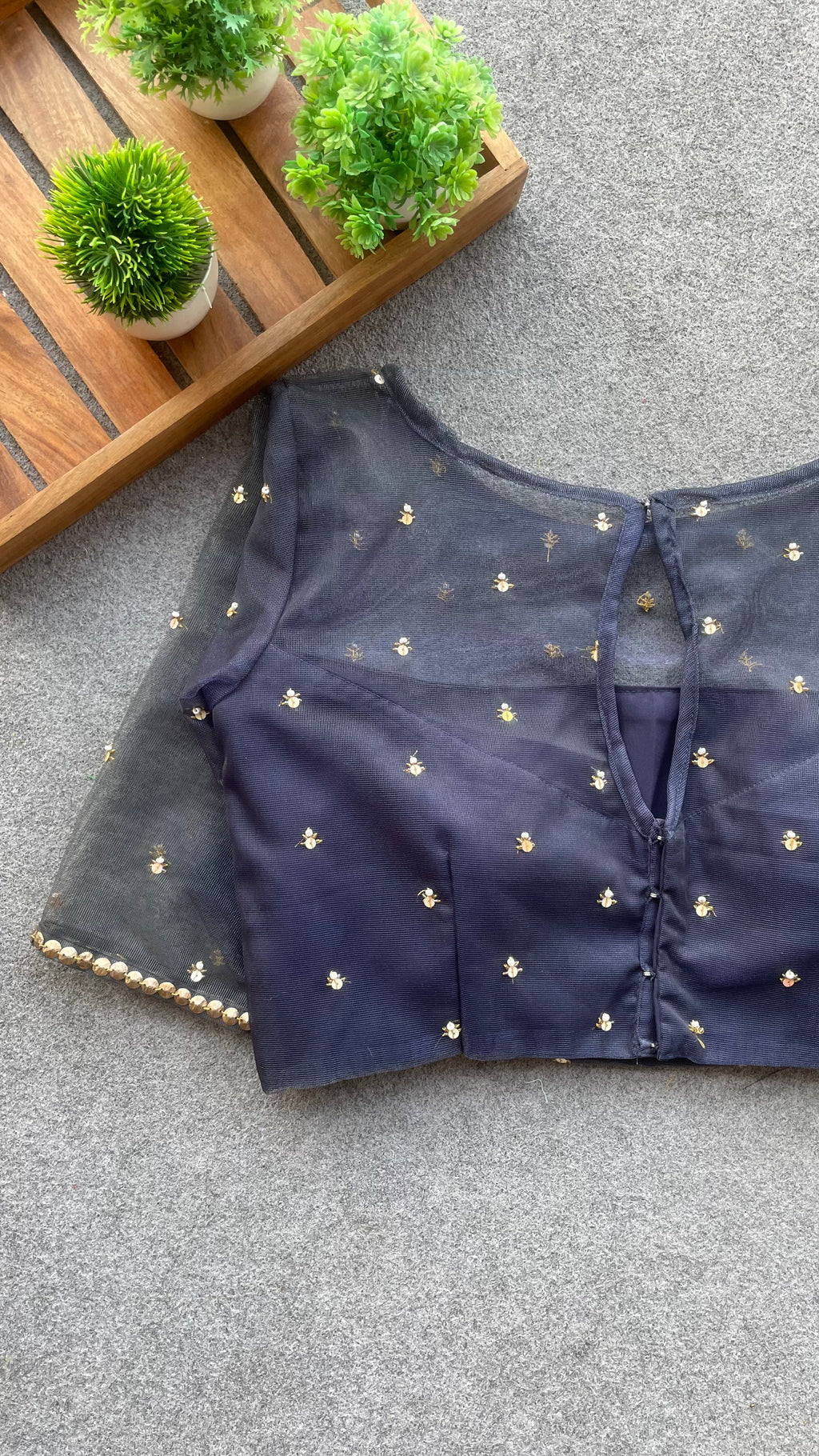 Deep blue netted & embroidery blouse