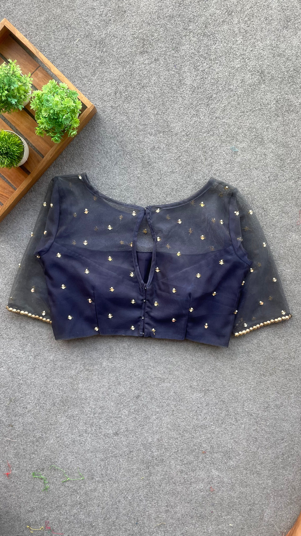Deep blue netted & embroidery blouse