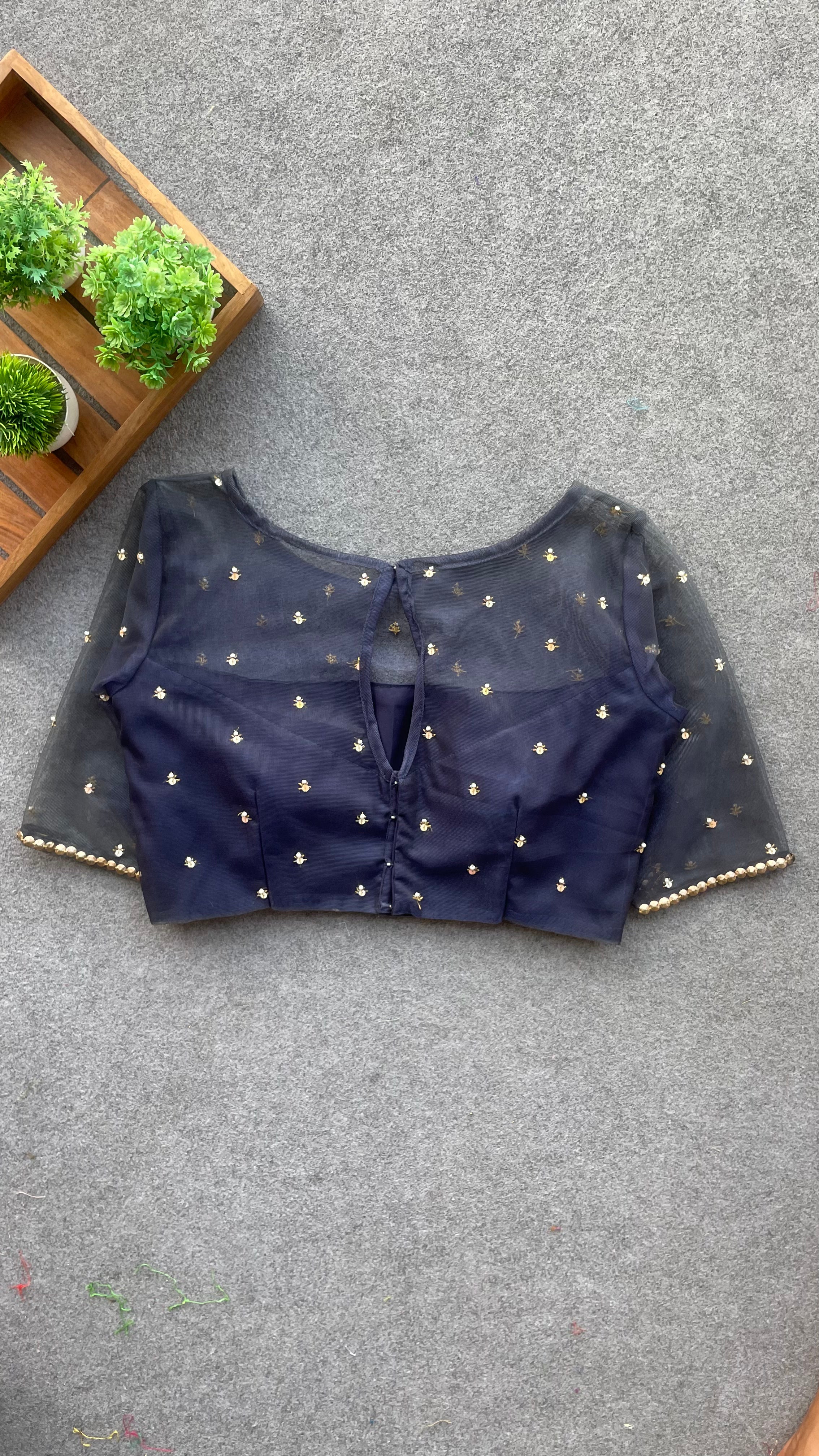 Deep blue netted & embroidery blouse
