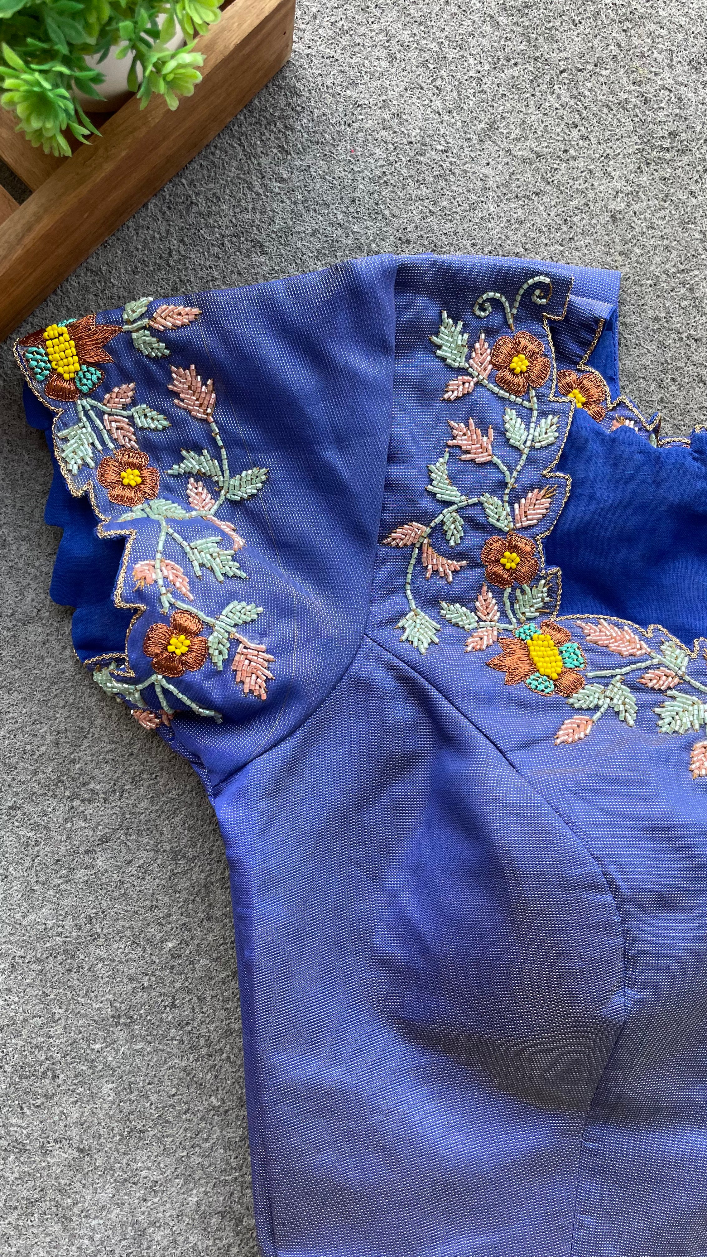 Blue silk hand worked blouse