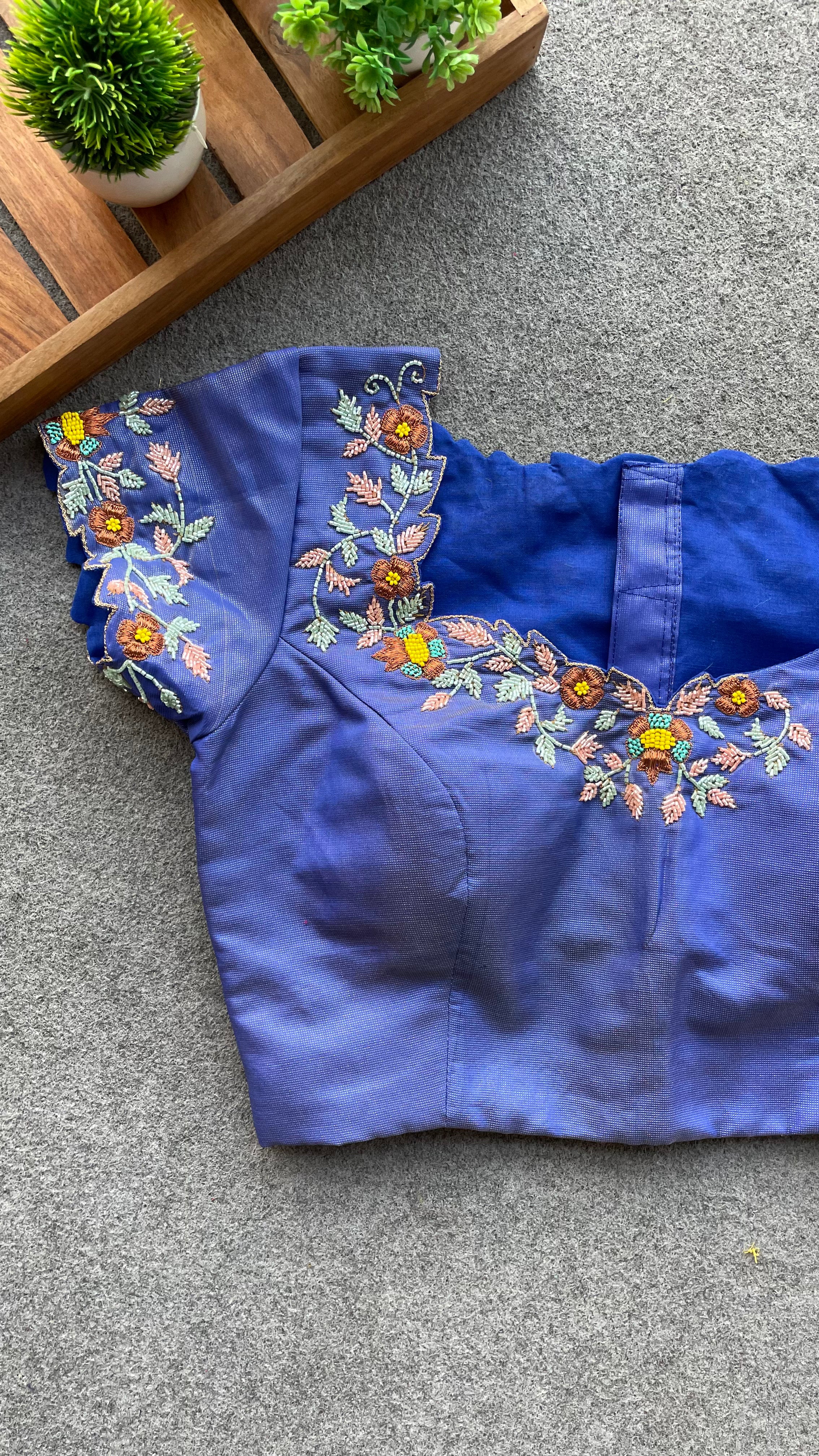 Blue silk hand worked blouse