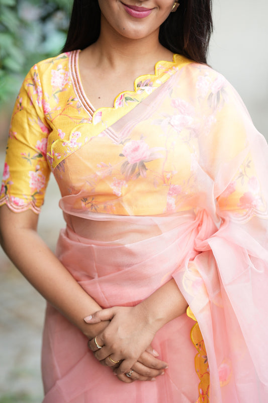 Peach organza saree with yellow floral hand work blouse