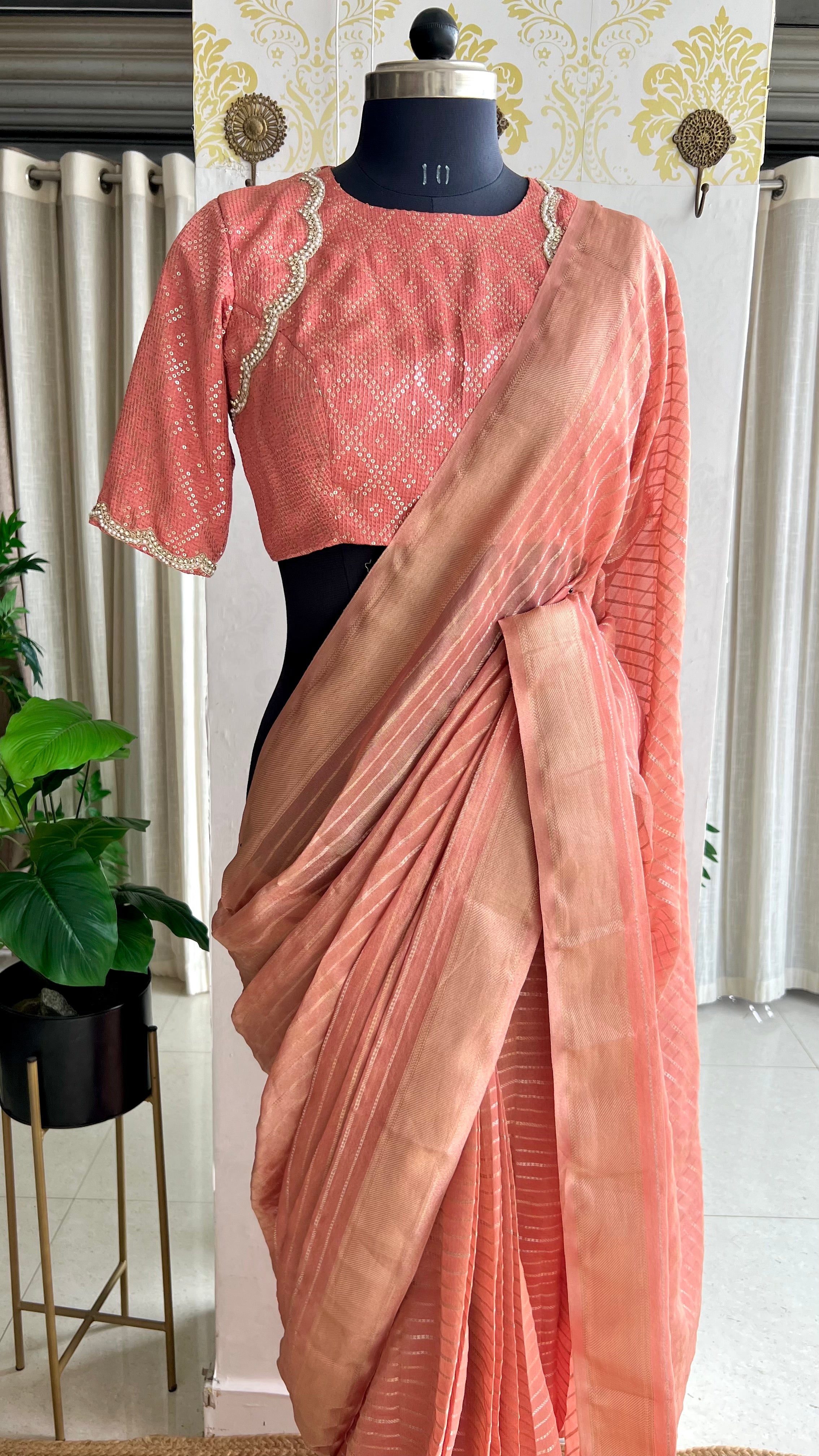 Peach banarasi saree with silk hand embroidery blouse