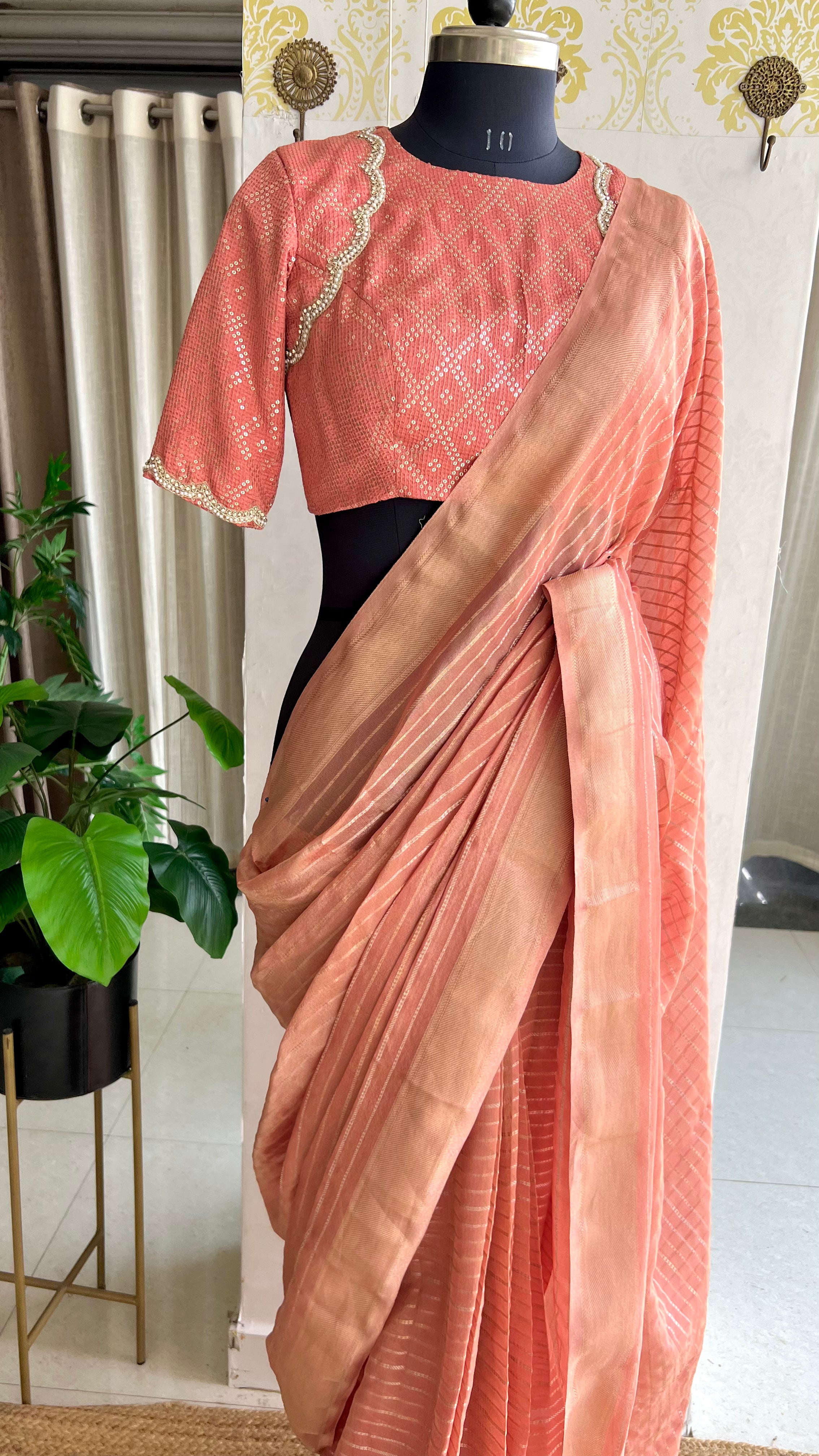 Peach banarasi saree with silk hand embroidery blouse