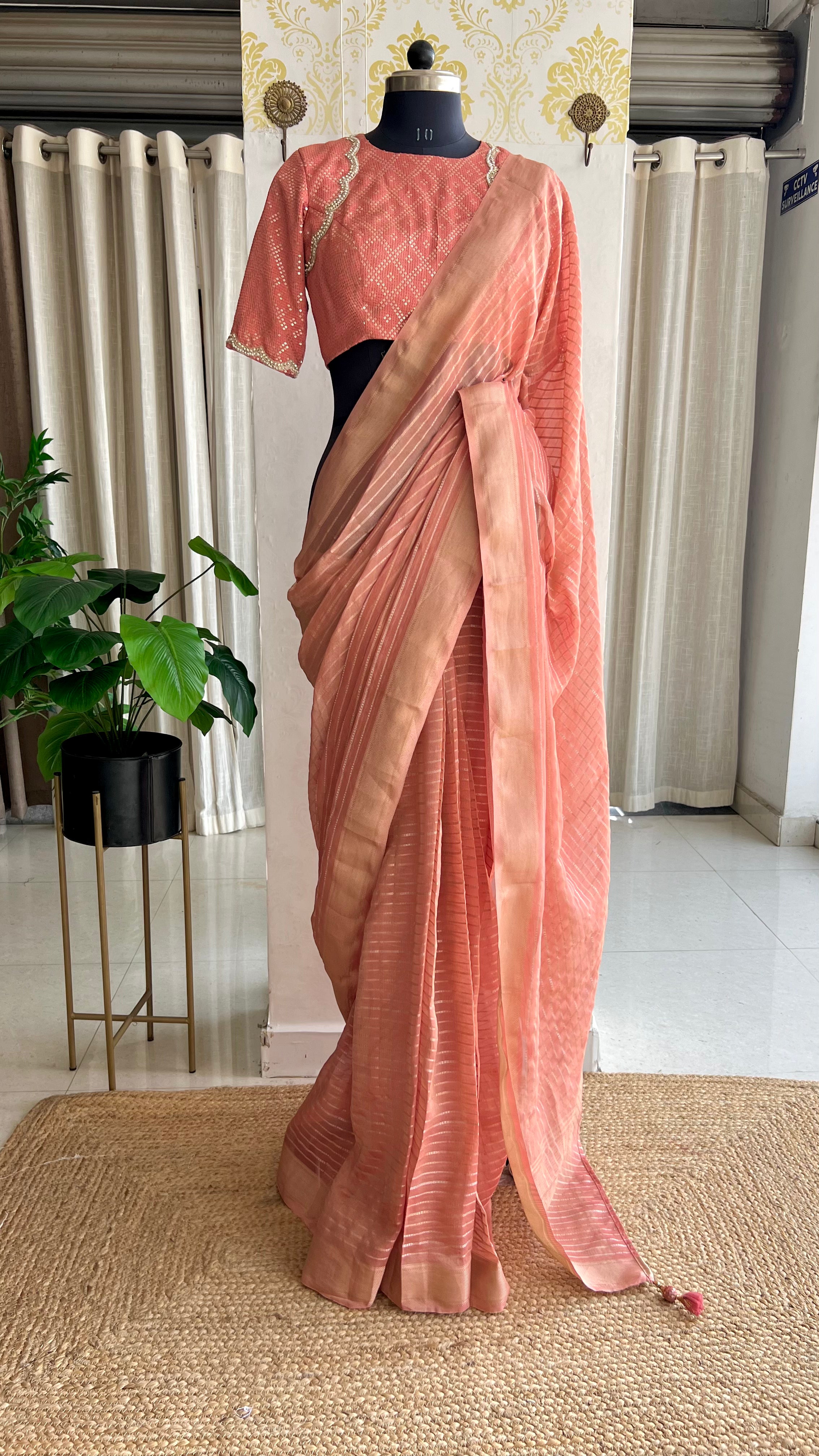Peach banarasi saree with silk hand embroidery blouse