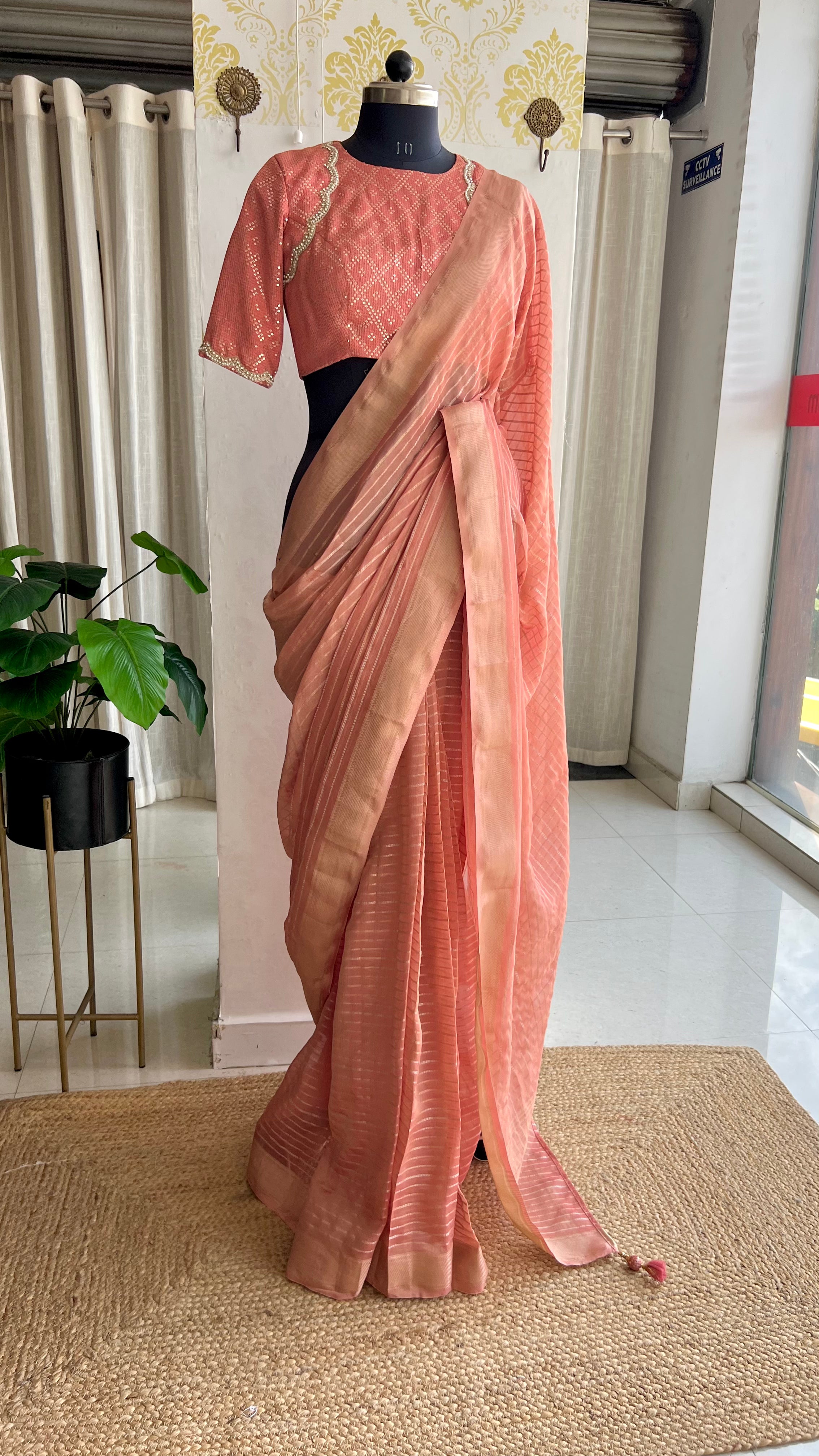 Peach banarasi saree with silk hand embroidery blouse