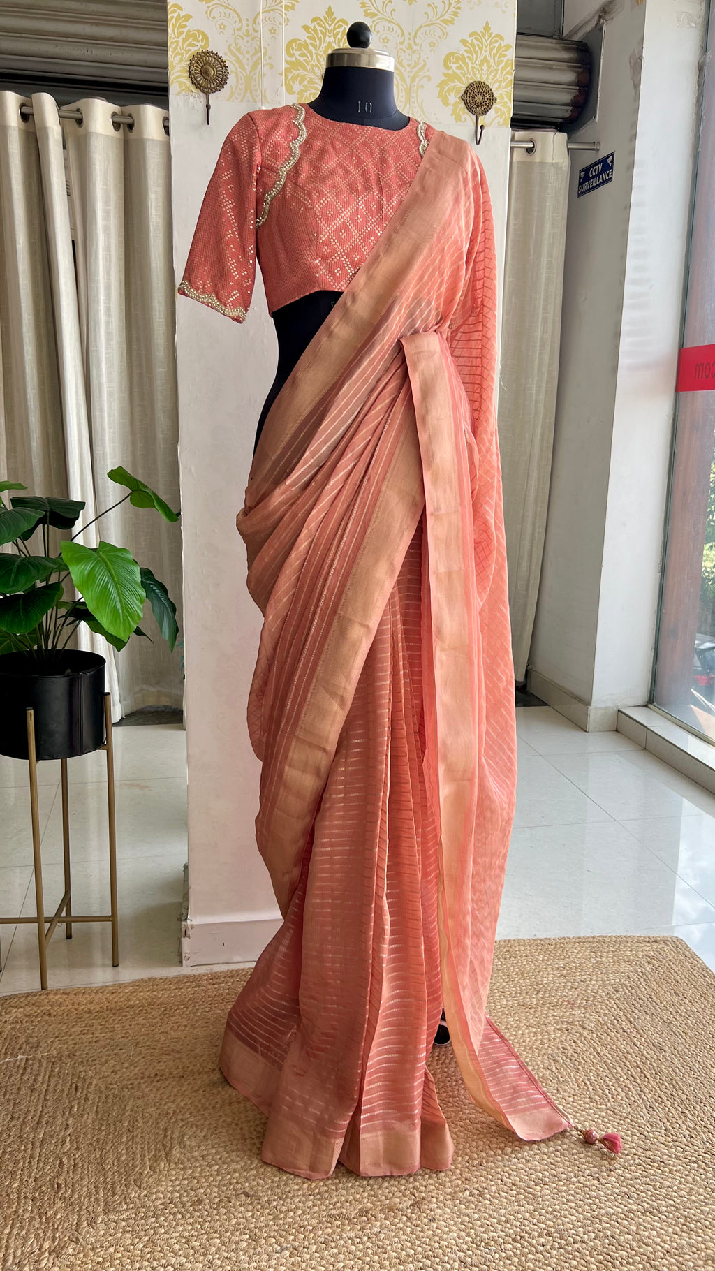 Peach banarasi saree with silk hand embroidery blouse