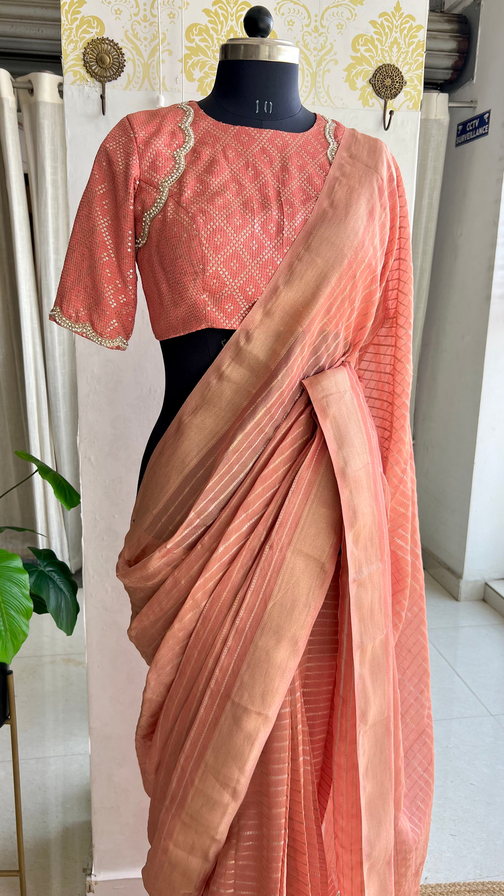 Peach banarasi saree with silk hand embroidery blouse