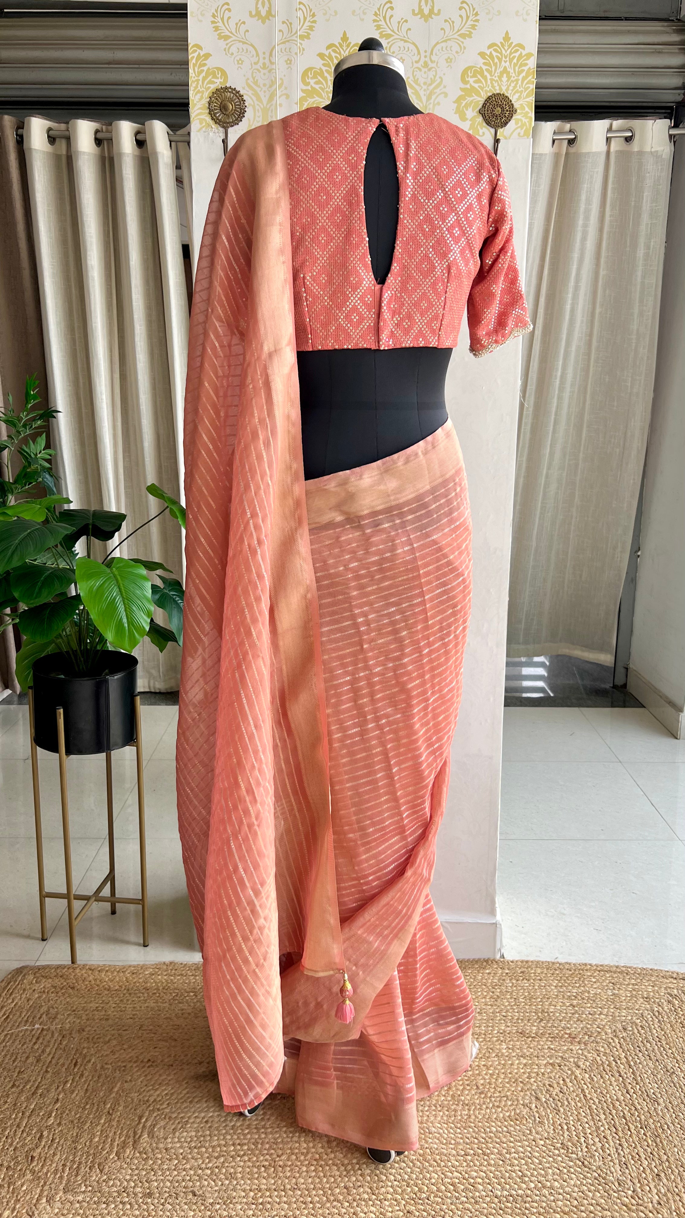 Peach banarasi saree with silk hand embroidery blouse