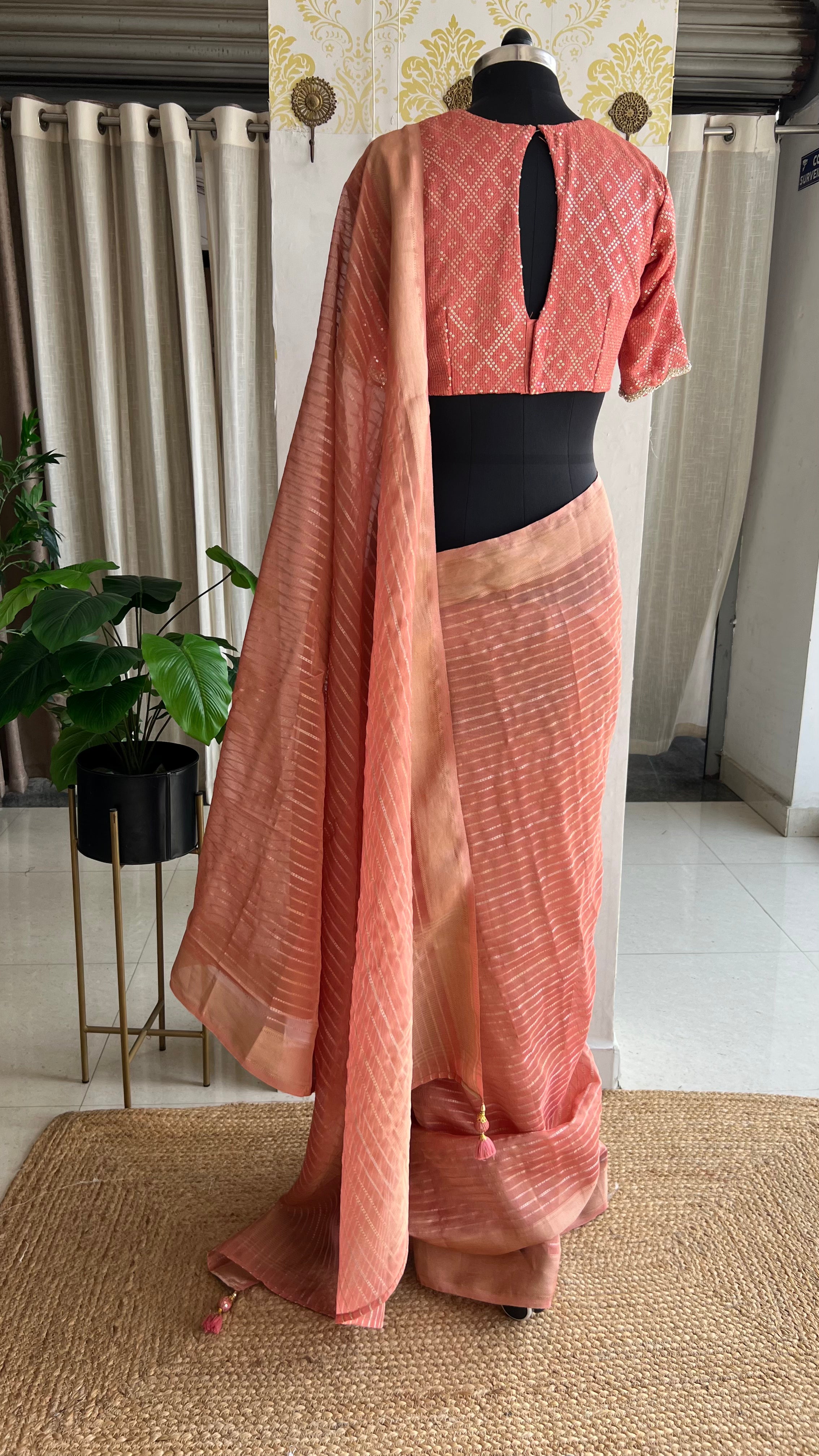 Peach banarasi saree with silk hand embroidery blouse