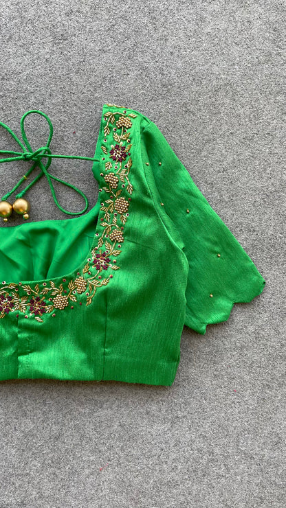 Green silk hand worked blouse