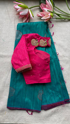 Peacock green khadi silk saree with hand worked blouse - Threads