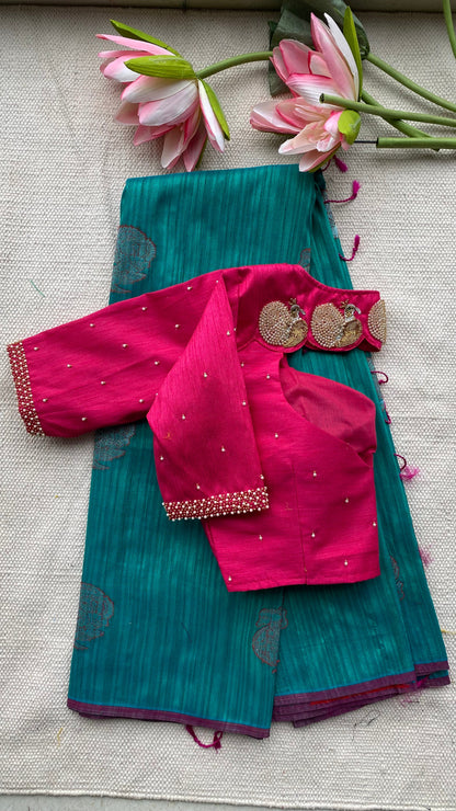 Peacock green khadi silk saree with hand worked blouse - Threads