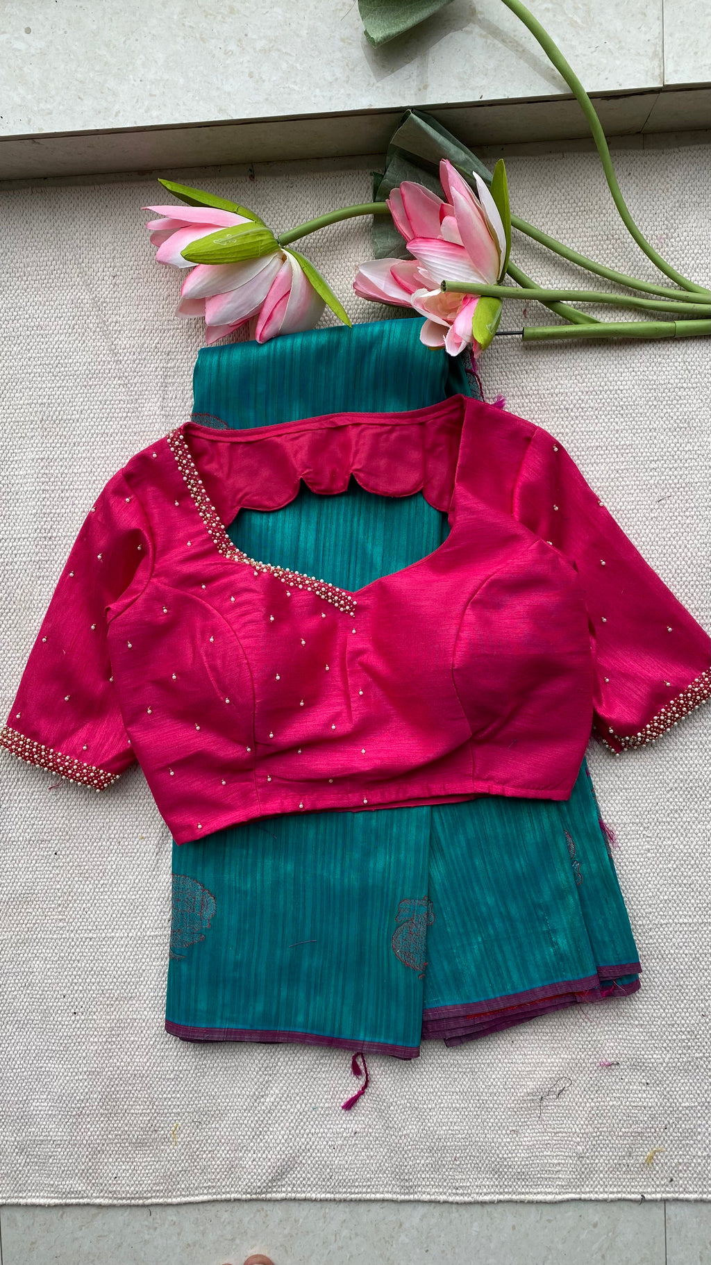 Peacock green khadi silk saree with hand worked blouse - Threads