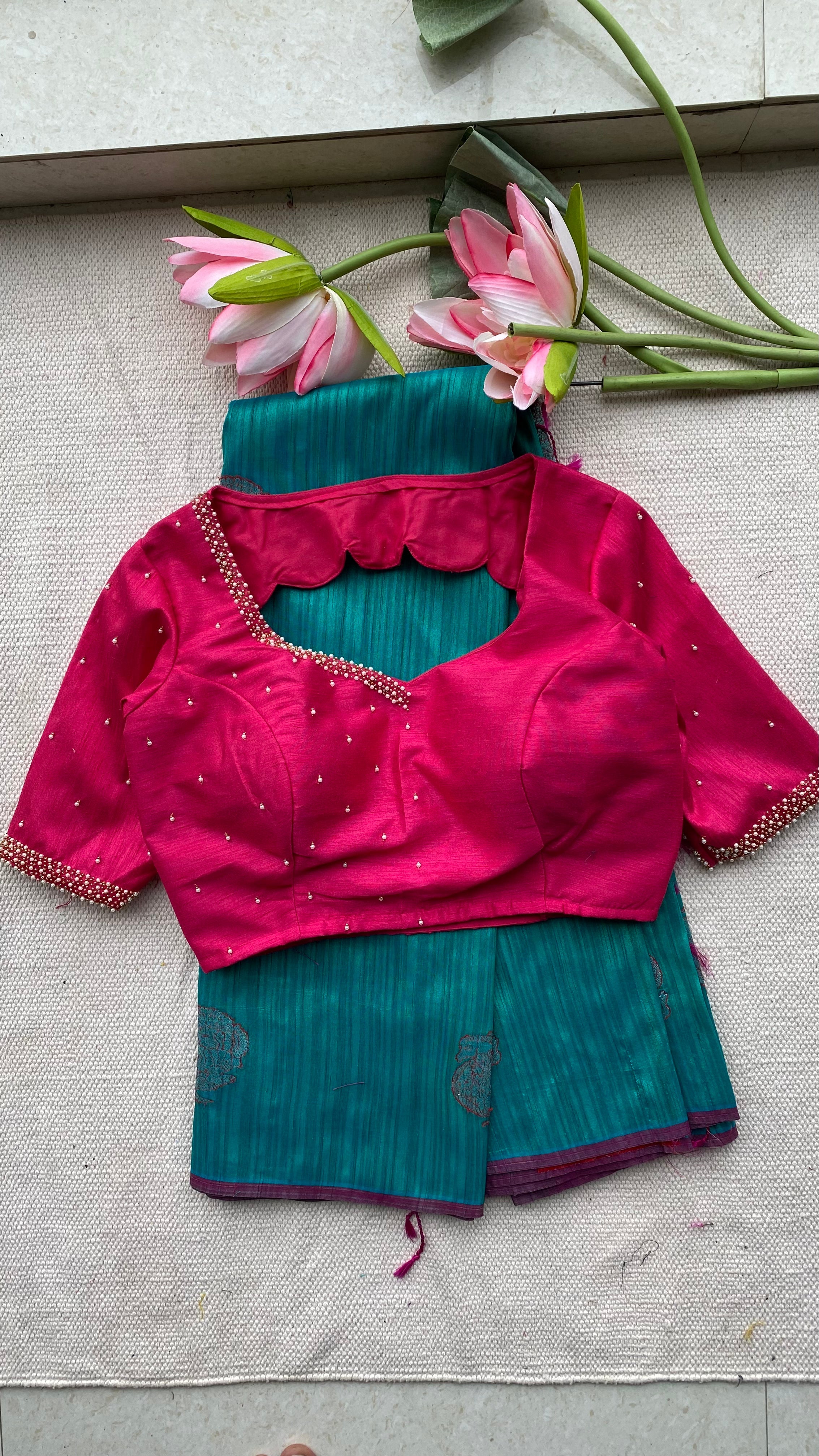 Peacock green khadi silk saree with hand worked blouse - Threads
