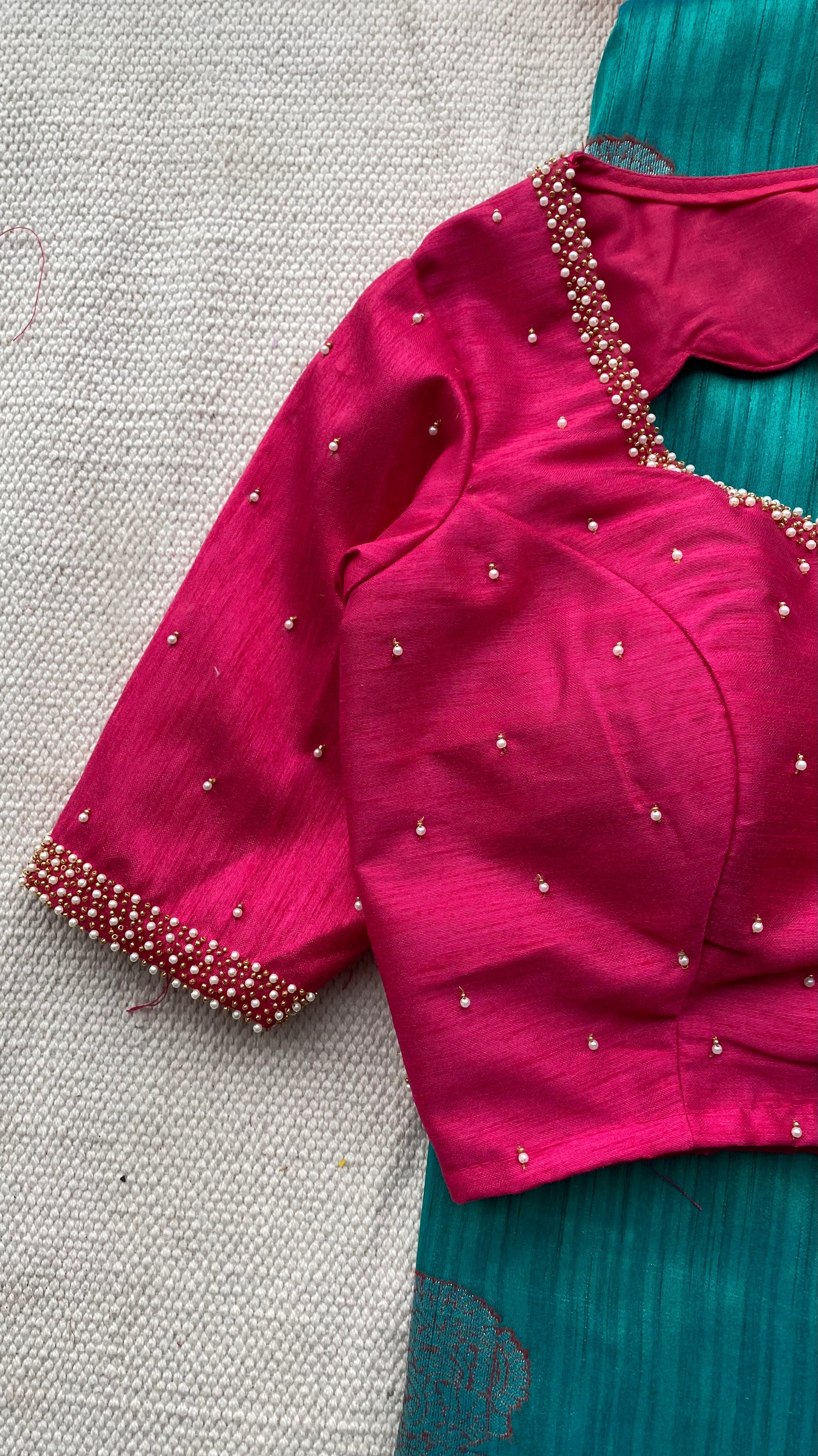 Peacock green khadi silk saree with hand worked blouse - Threads