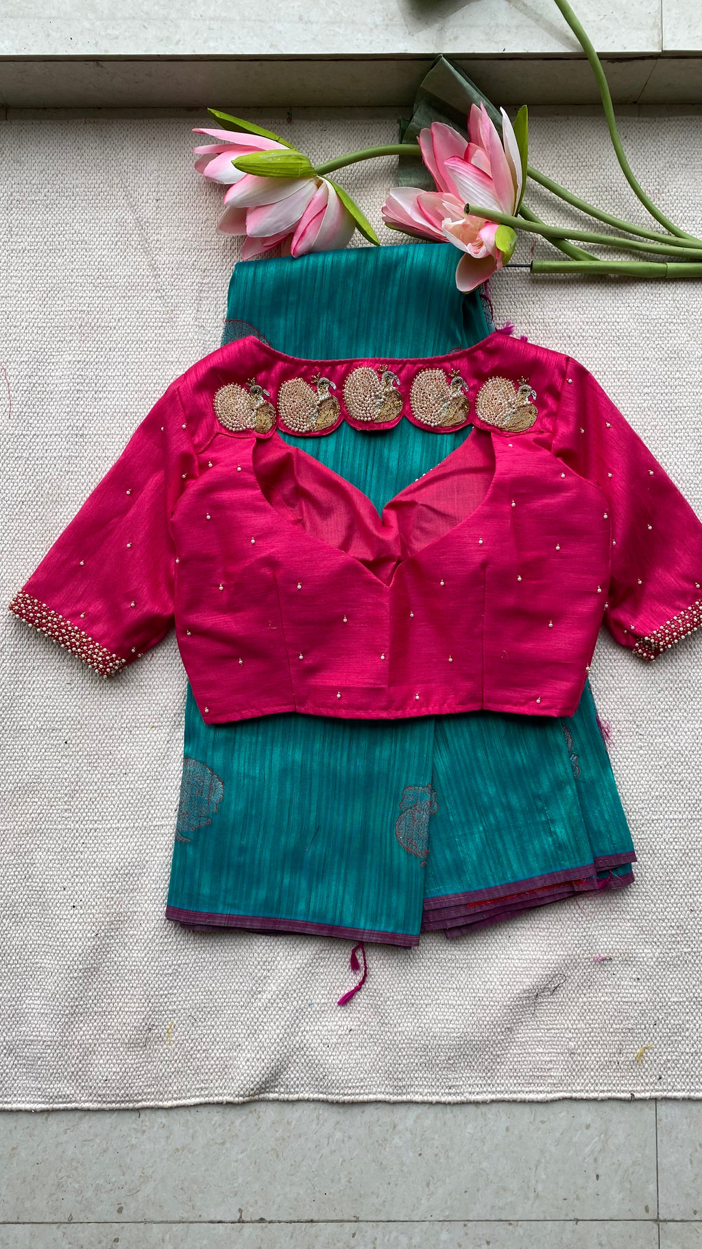 Peacock green khadi silk saree with hand worked blouse - Threads