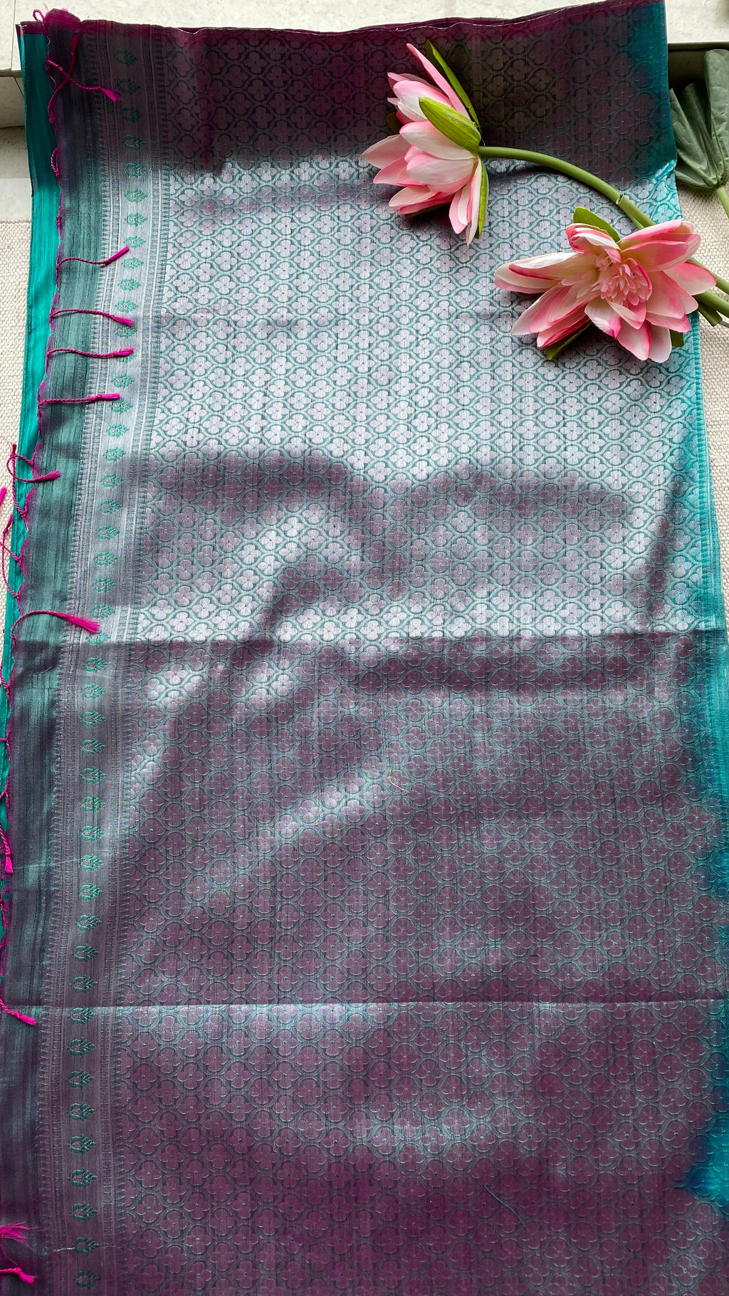 Peacock green khadi silk saree with hand worked blouse - Threads