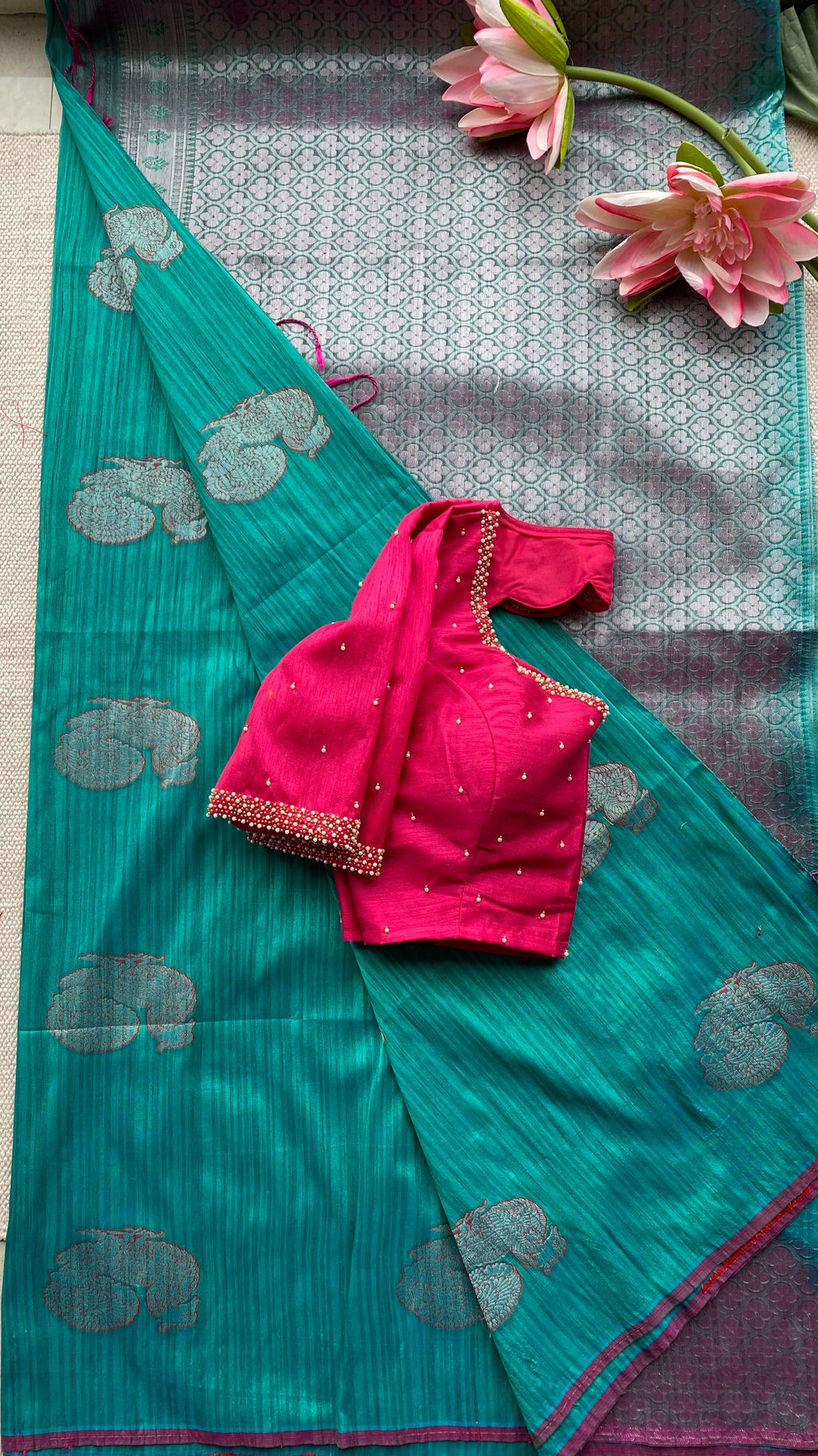 Peacock green khadi silk saree with hand worked blouse - Threads