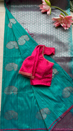 Peacock green khadi silk saree with hand worked blouse - Threads