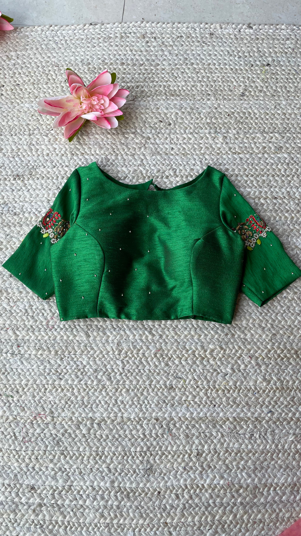 Green silk sleeves hand made blouse