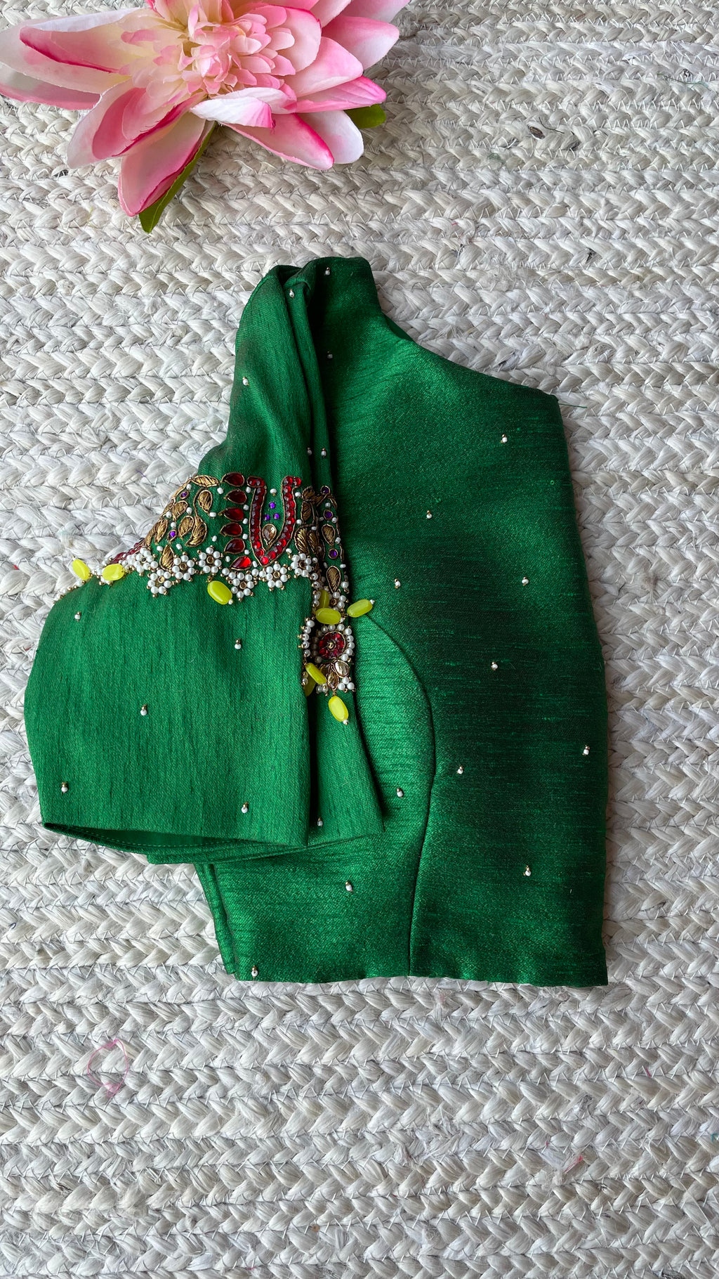 Green silk sleeves hand made blouse