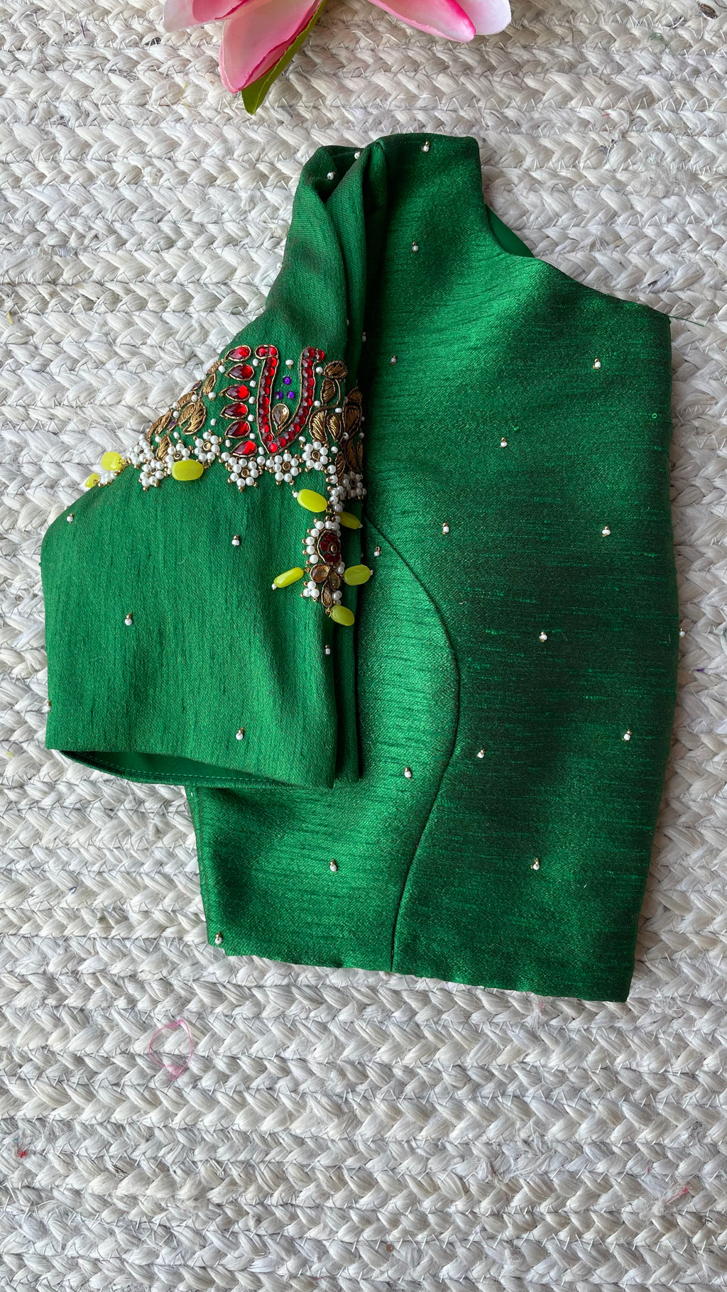 Green silk sleeves hand made blouse