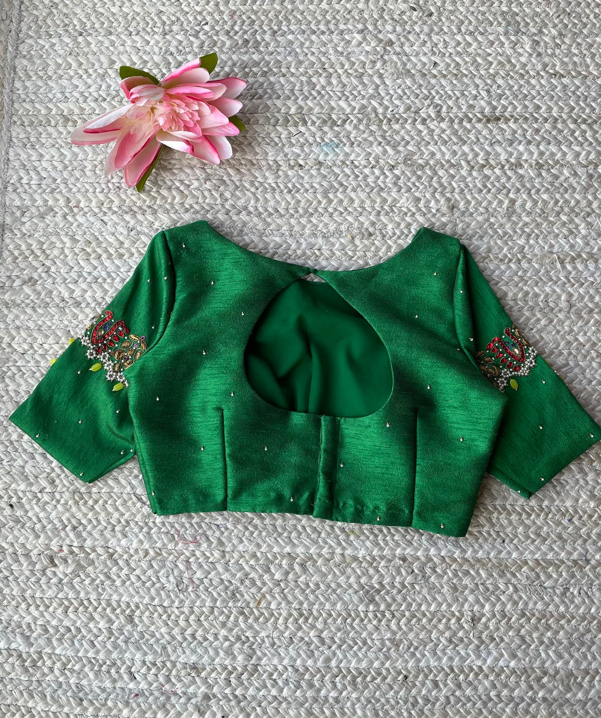 Green silk sleeves hand made blouse
