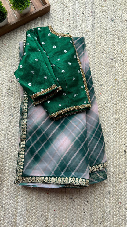 Green checked organza saree with embroidery work blouse