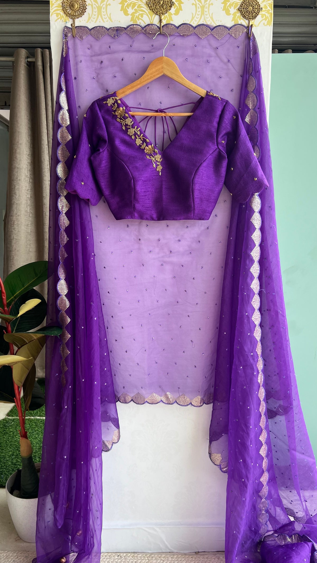 Purple silk V neck hand worked blouse