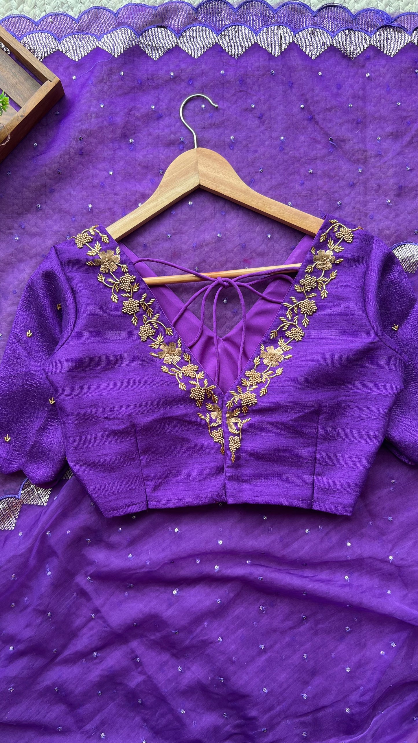 Purple silk V neck hand worked blouse
