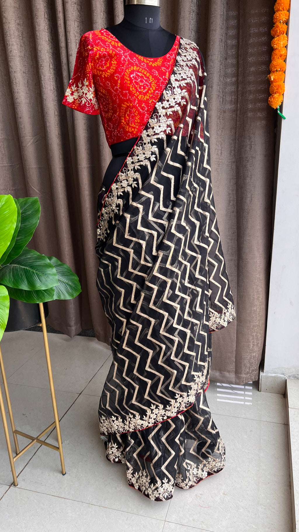 Black organza saree with chiffon embroidery blouse - Threads