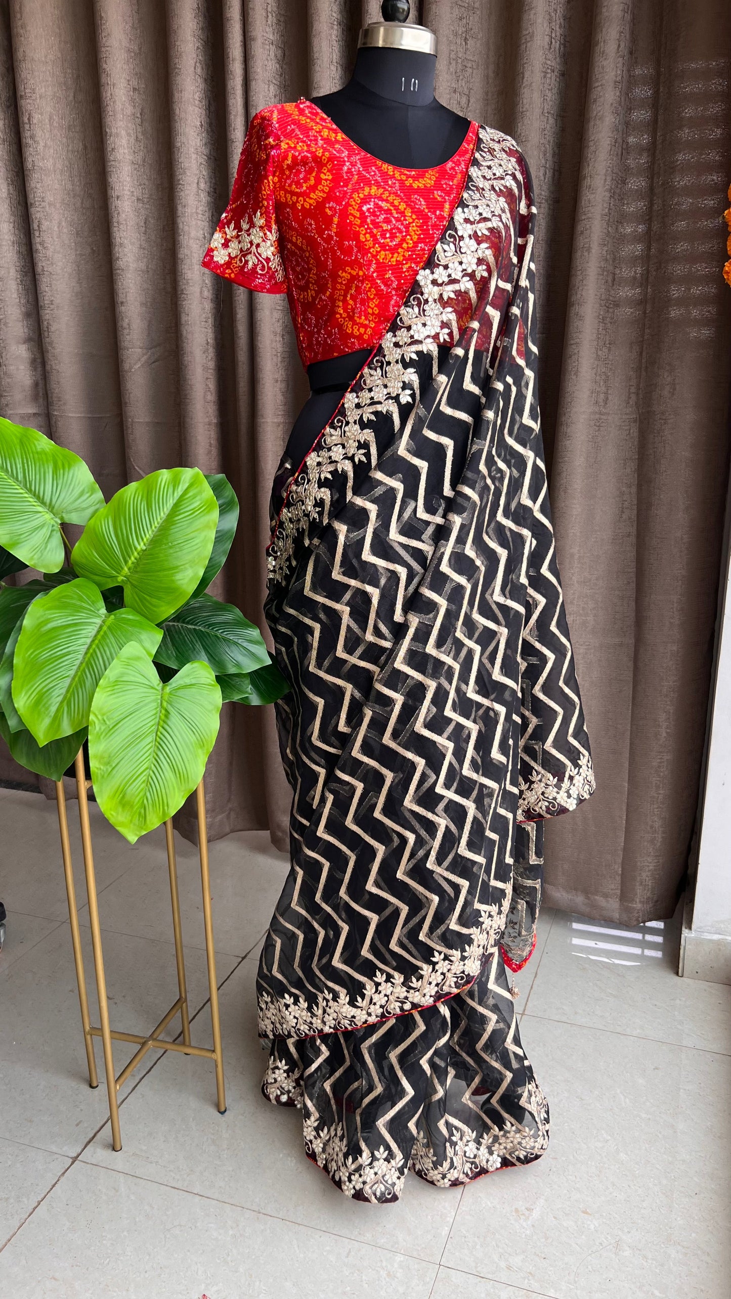 Black organza saree with chiffon embroidery blouse - Threads