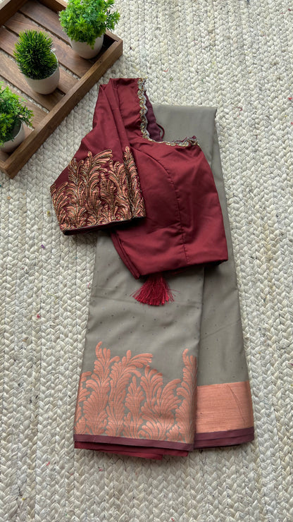 (Free full predraping ) Grey and maroon silk saree with hand worked blouse