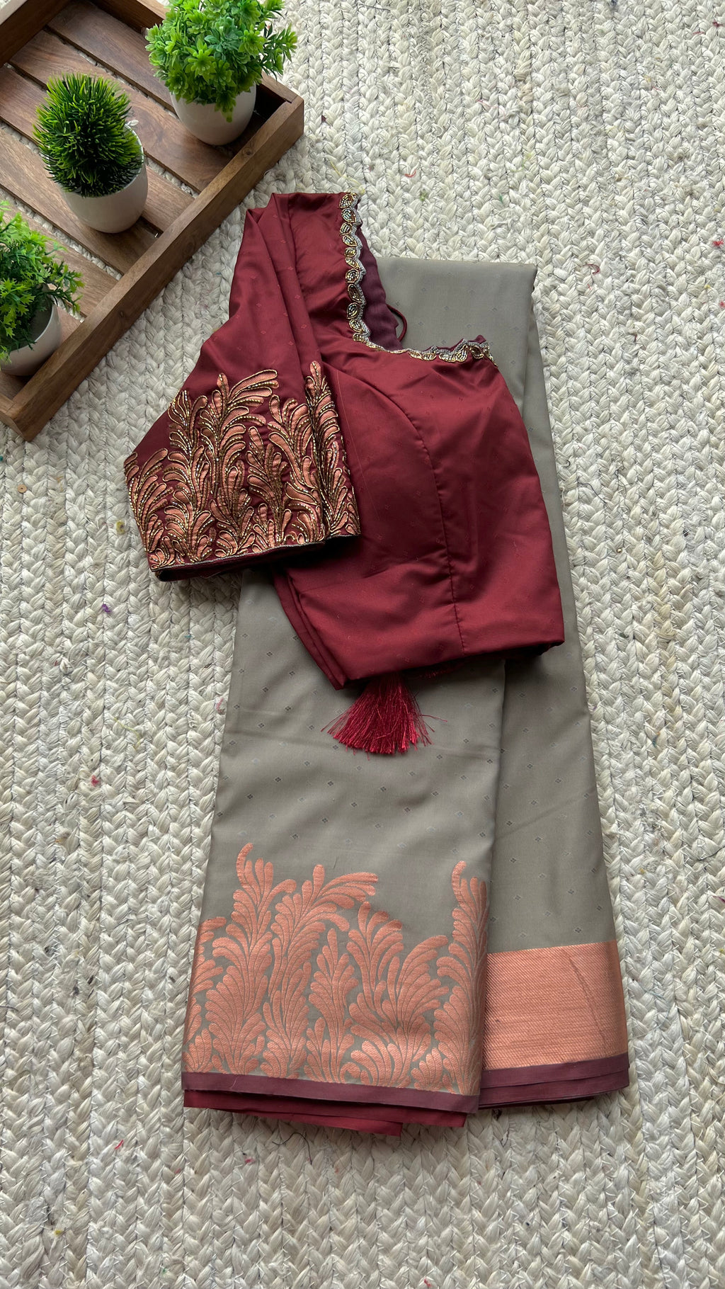 Grey and maroon silk saree with hand worked blouse