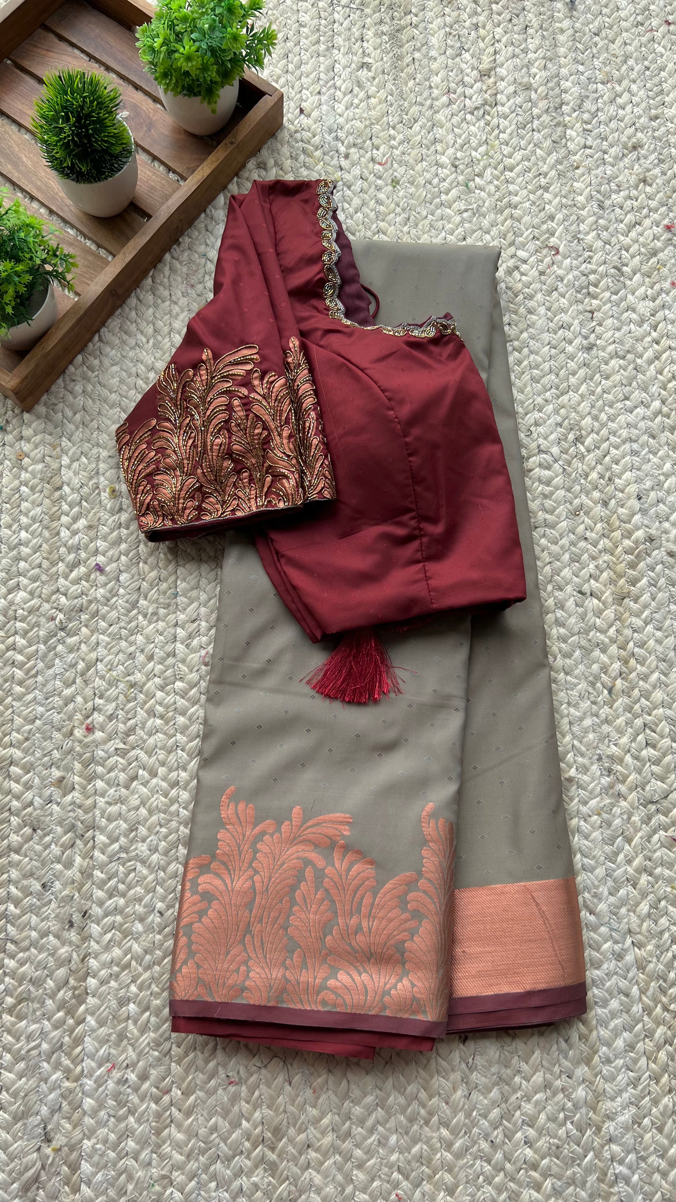 Grey and maroon silk saree with hand worked blouse