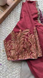 Grey and maroon silk saree with hand worked blouse