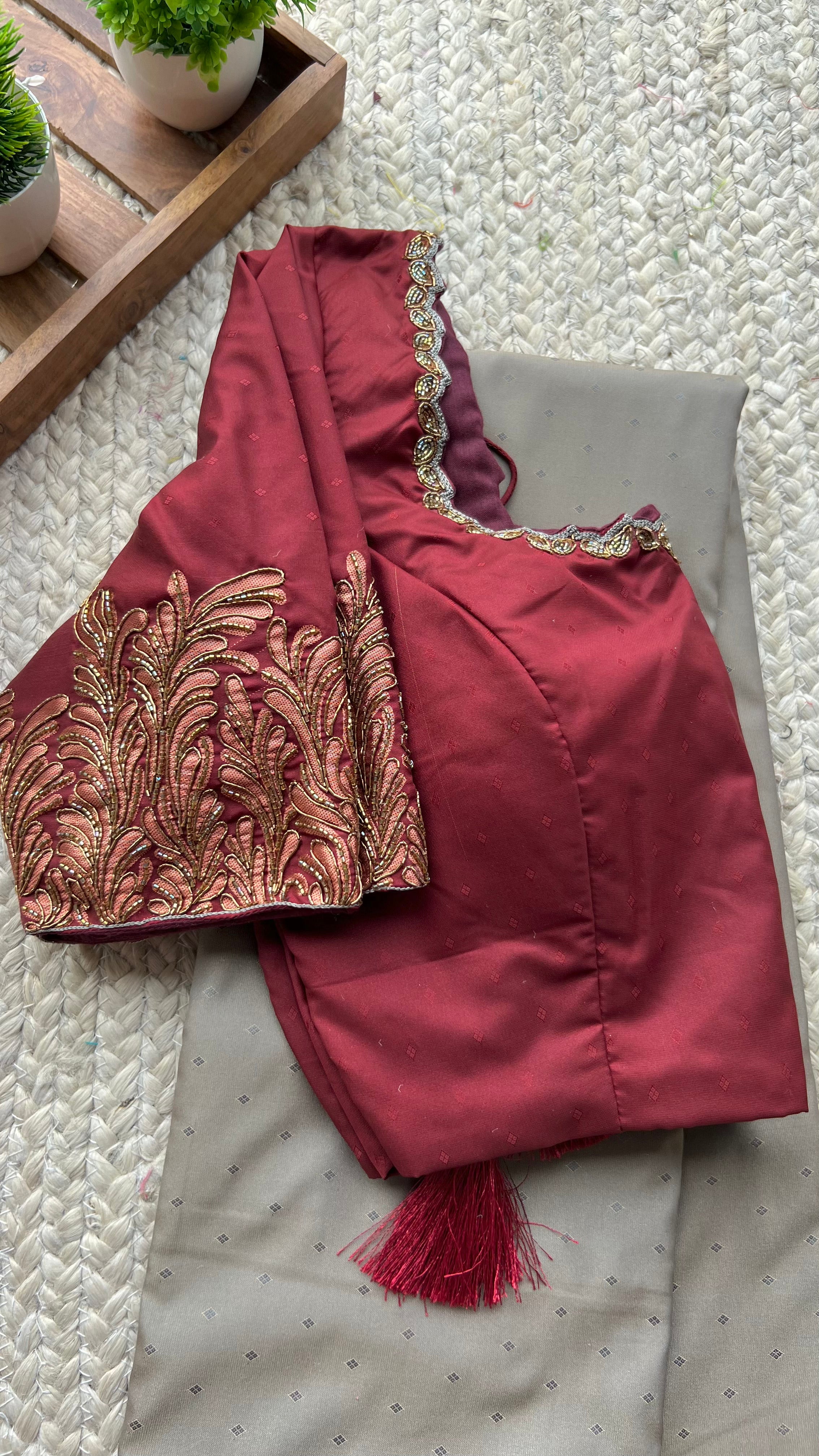 Grey and maroon silk saree with hand worked blouse