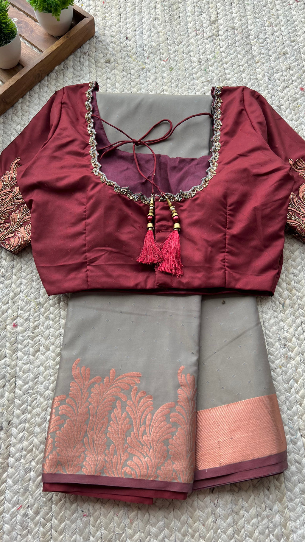 Grey and maroon silk saree with hand worked blouse
