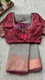 Grey and maroon silk saree with hand worked blouse
