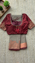 Grey and maroon silk saree with hand worked blouse