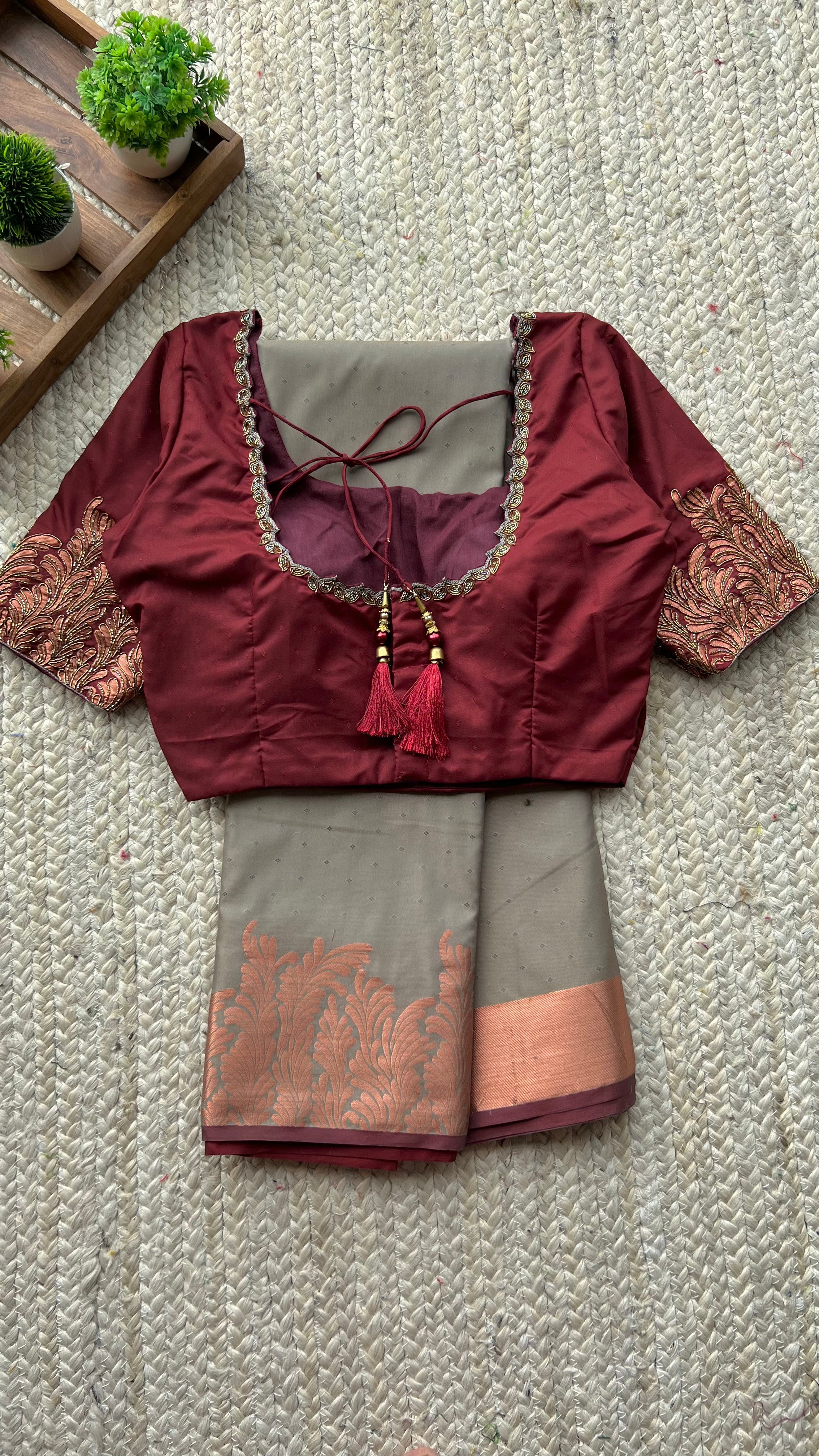 Grey and maroon silk saree with hand worked blouse