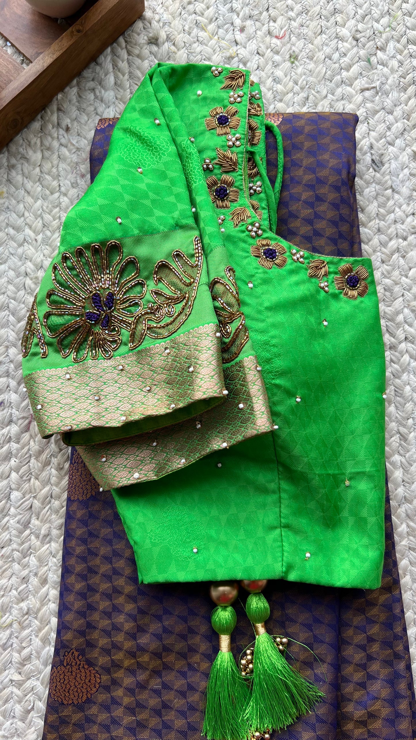 (Free full predraping ) Deep purple and green silk saree with hand worked blouse