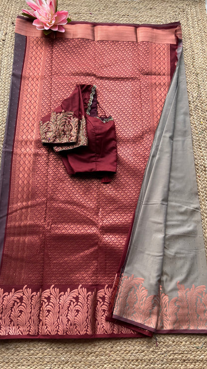 (Free full predraping ) Grey and maroon silk saree with hand worked blouse