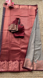 Grey and maroon silk saree with hand worked blouse