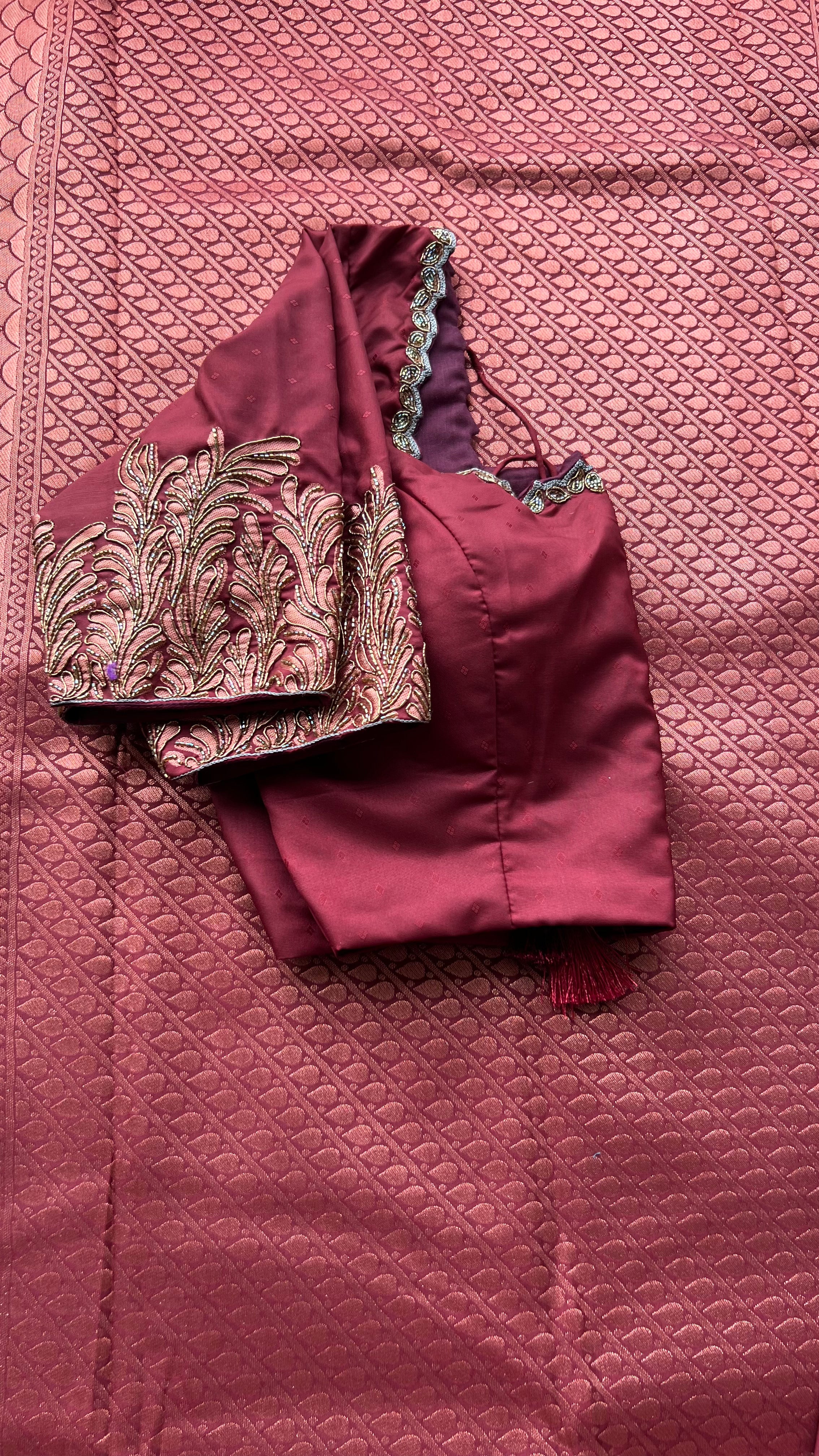 Grey and maroon silk saree with hand worked blouse