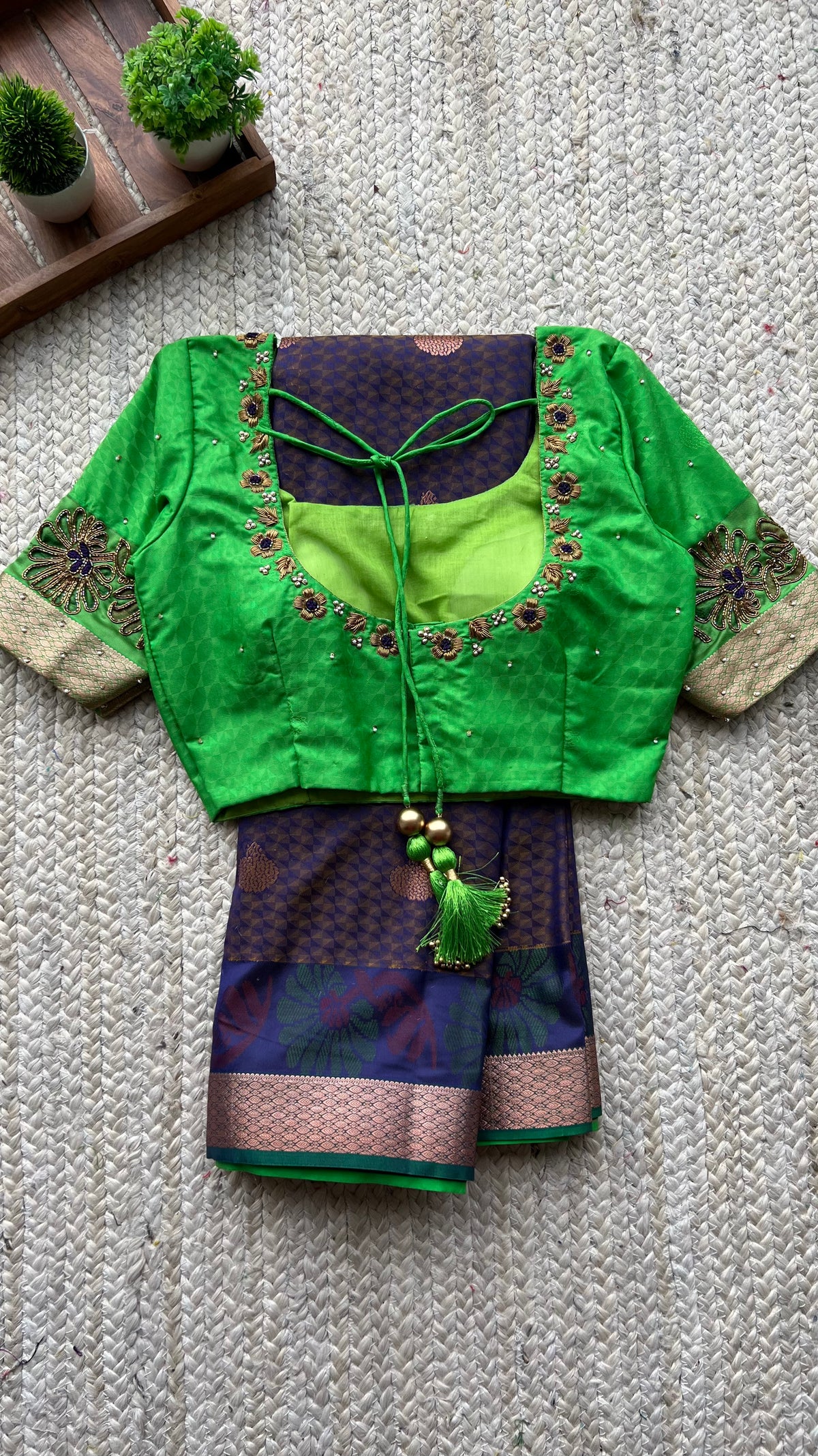 Deep purple and green silk saree with hand worked blouse
