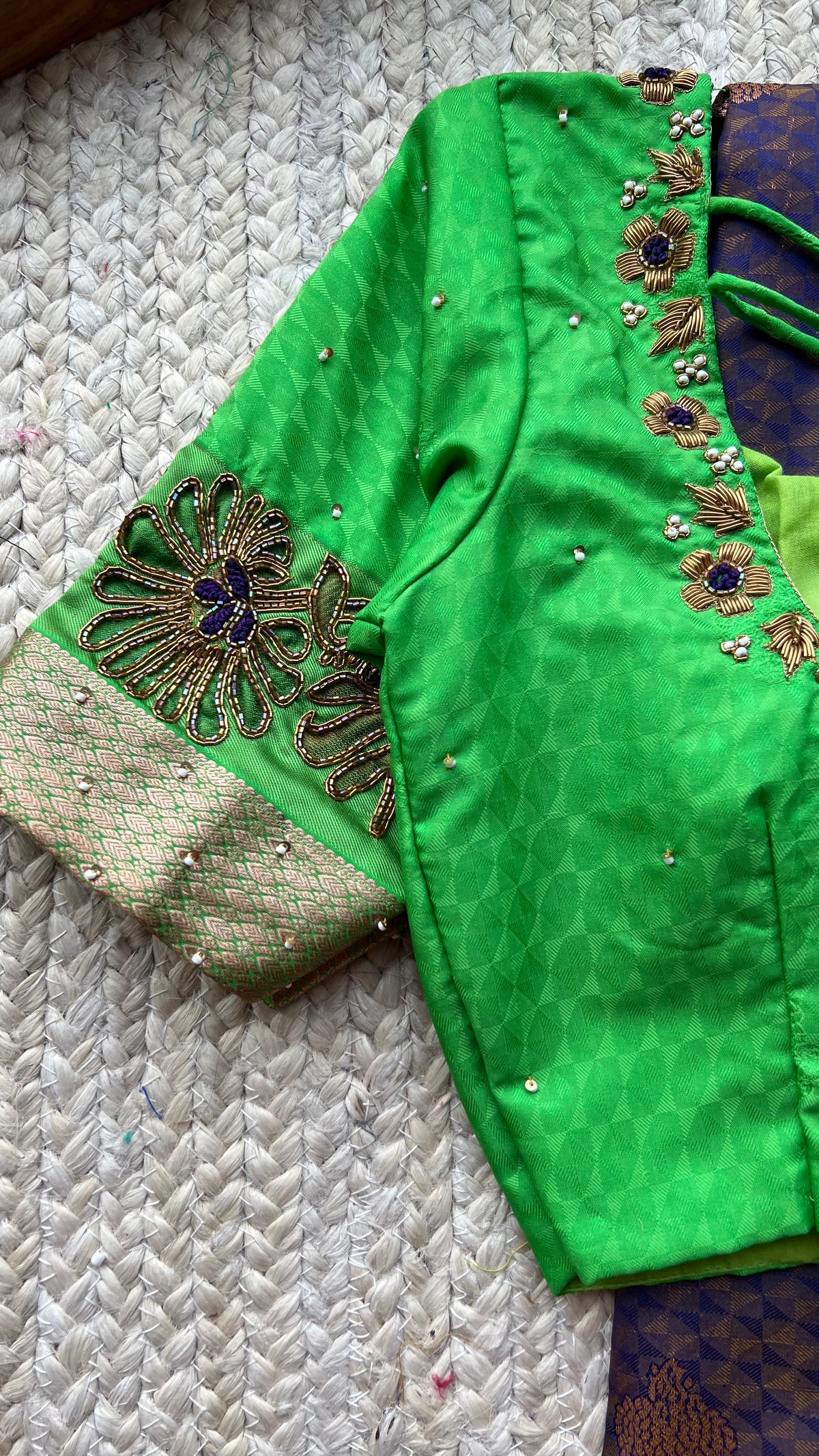 Deep purple and green silk saree with hand worked blouse